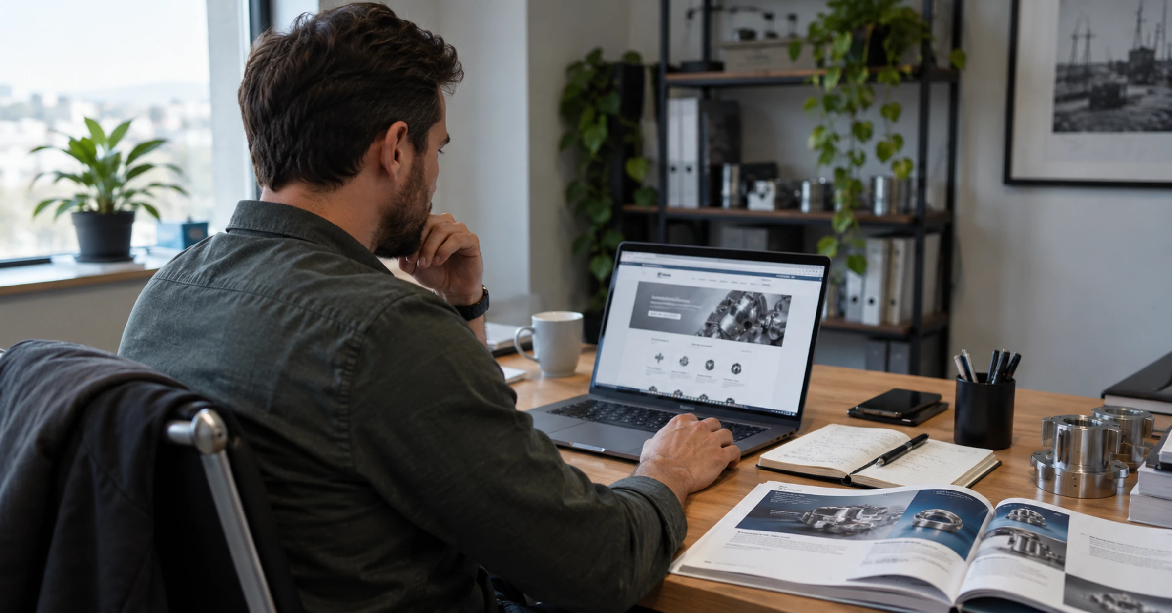 A buyer researching an engineering supplier beside a product brochure