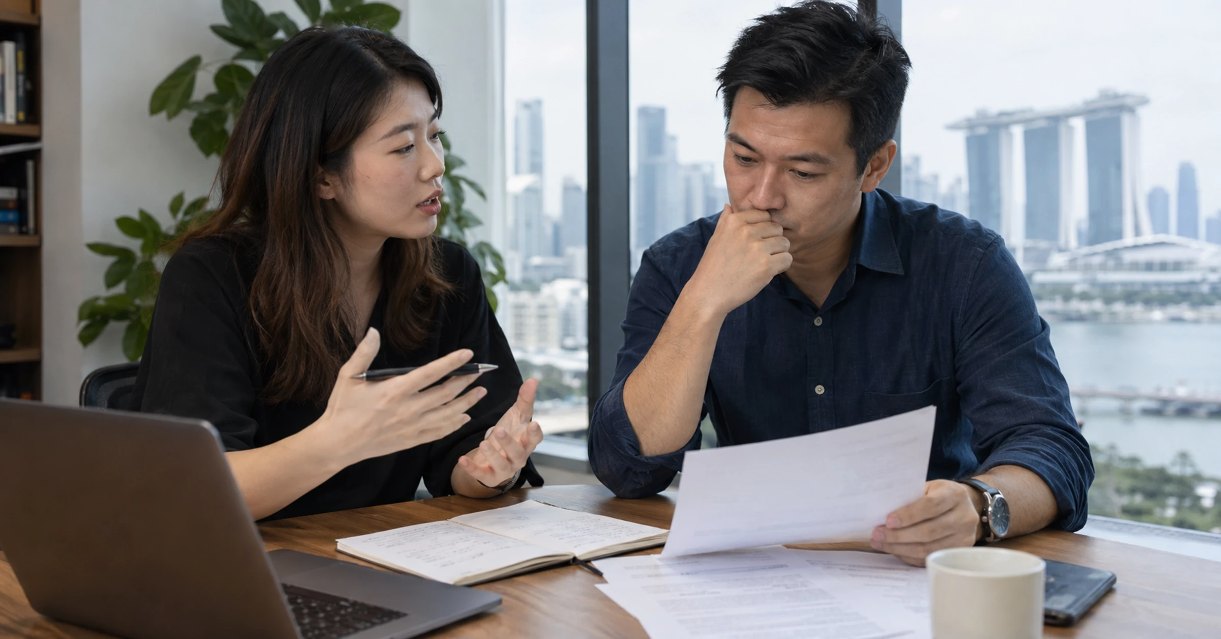 A founder and marketing analyst checking agency documents during a reporting review