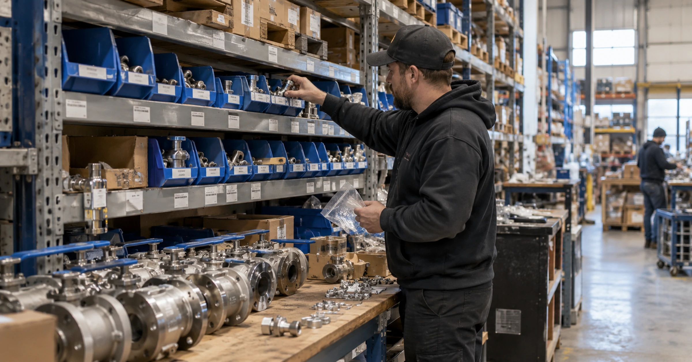 A technician selecting industrial components from organised warehouse bins