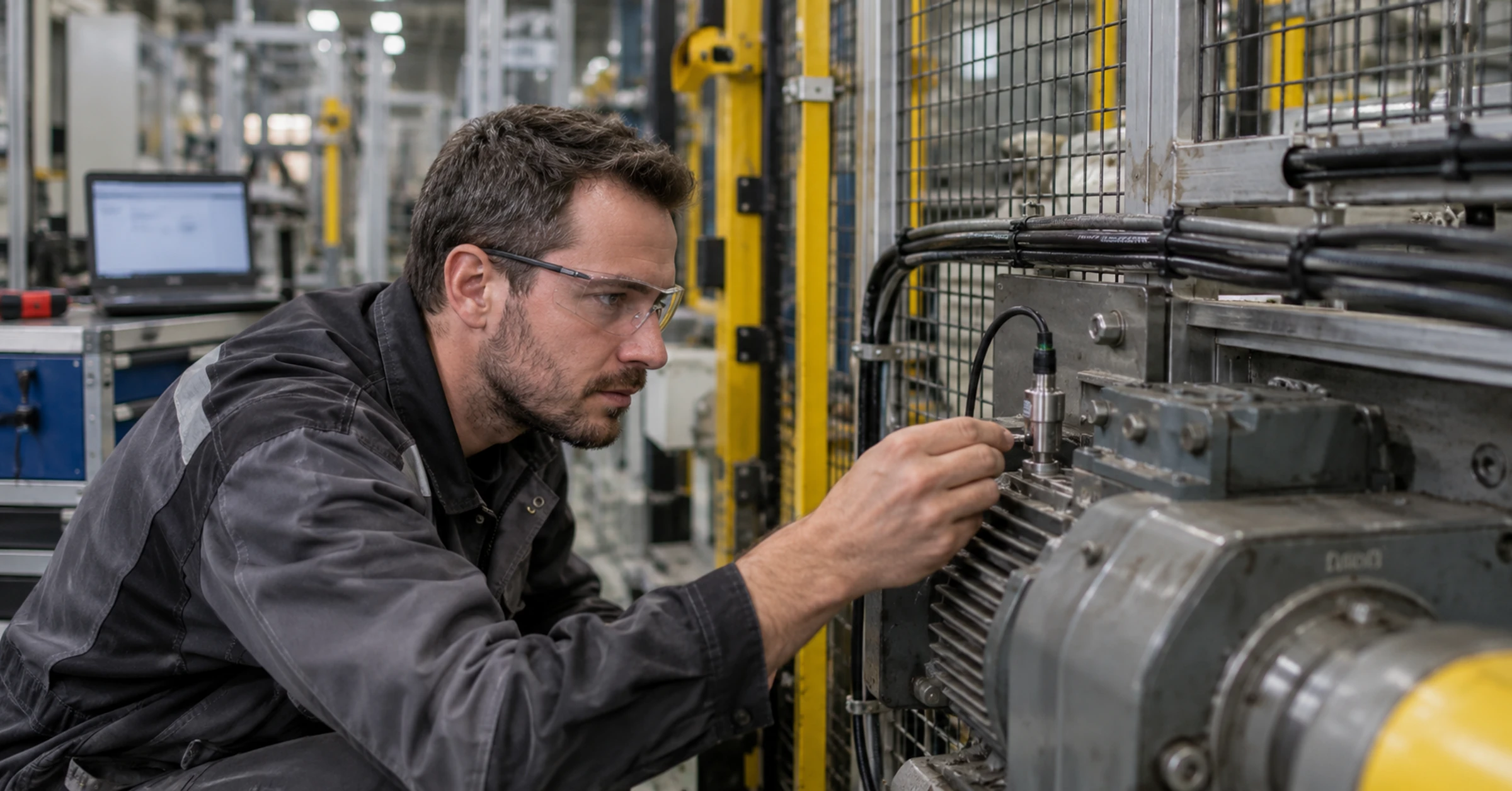 A maintenance engineer checking an installed sensor on a guarded production machine