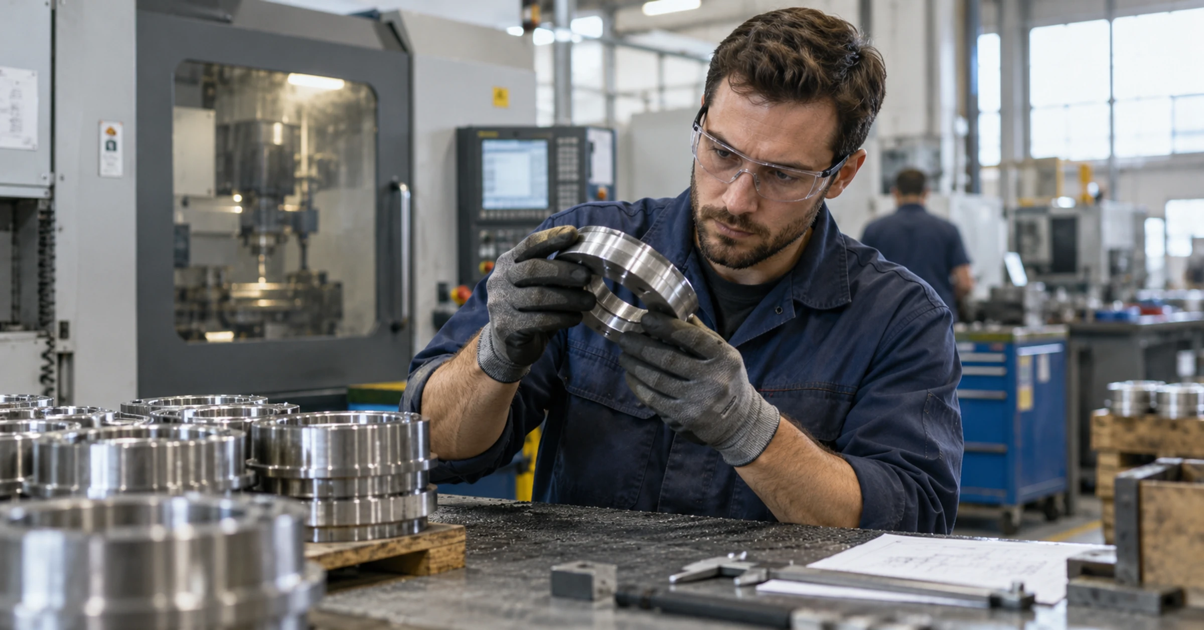 A technician inspecting a finished metal part beside an enclosed production machine