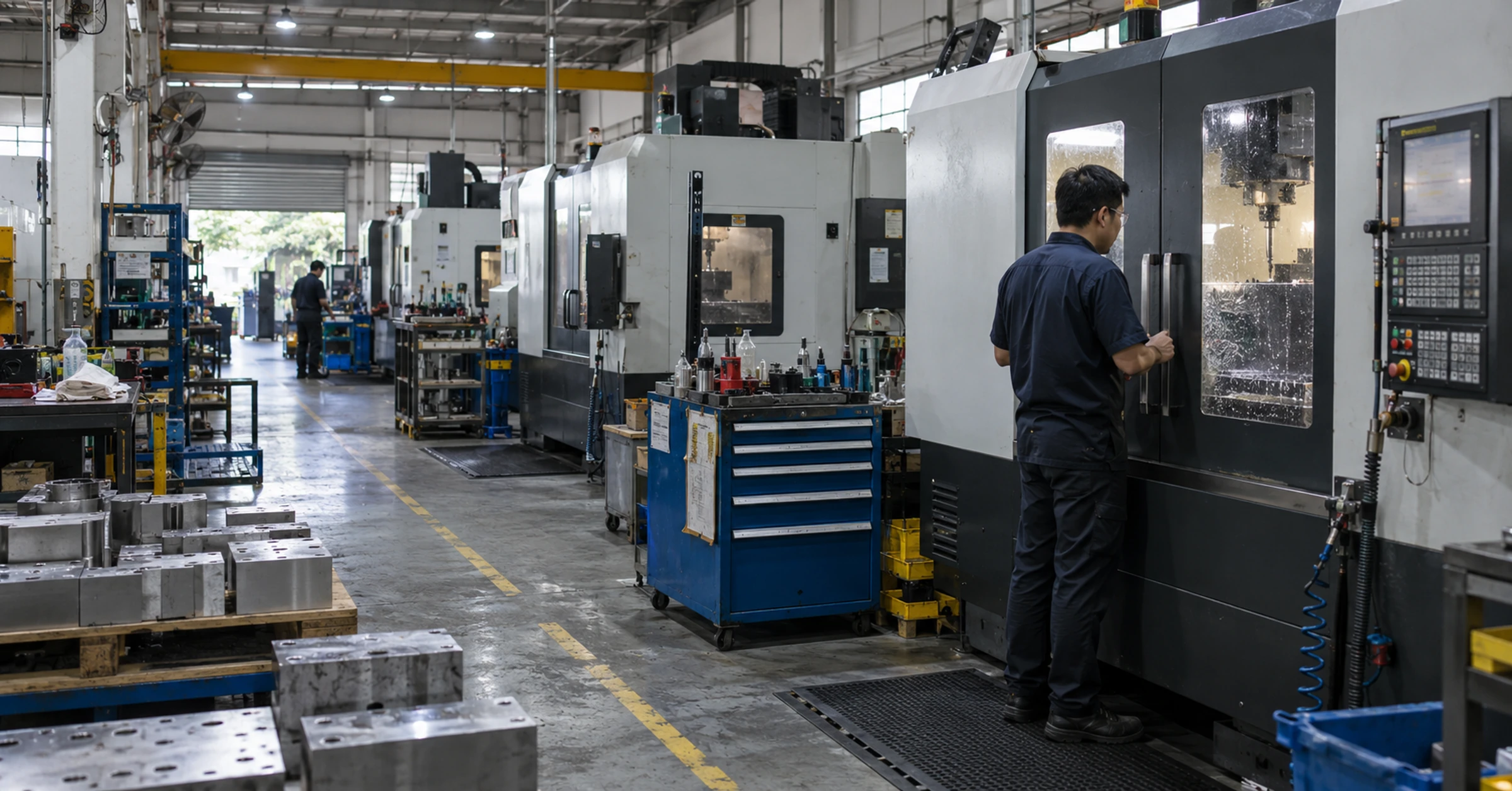 A technician checking a CNC machine setup on a Malaysian precision manufacturing floor