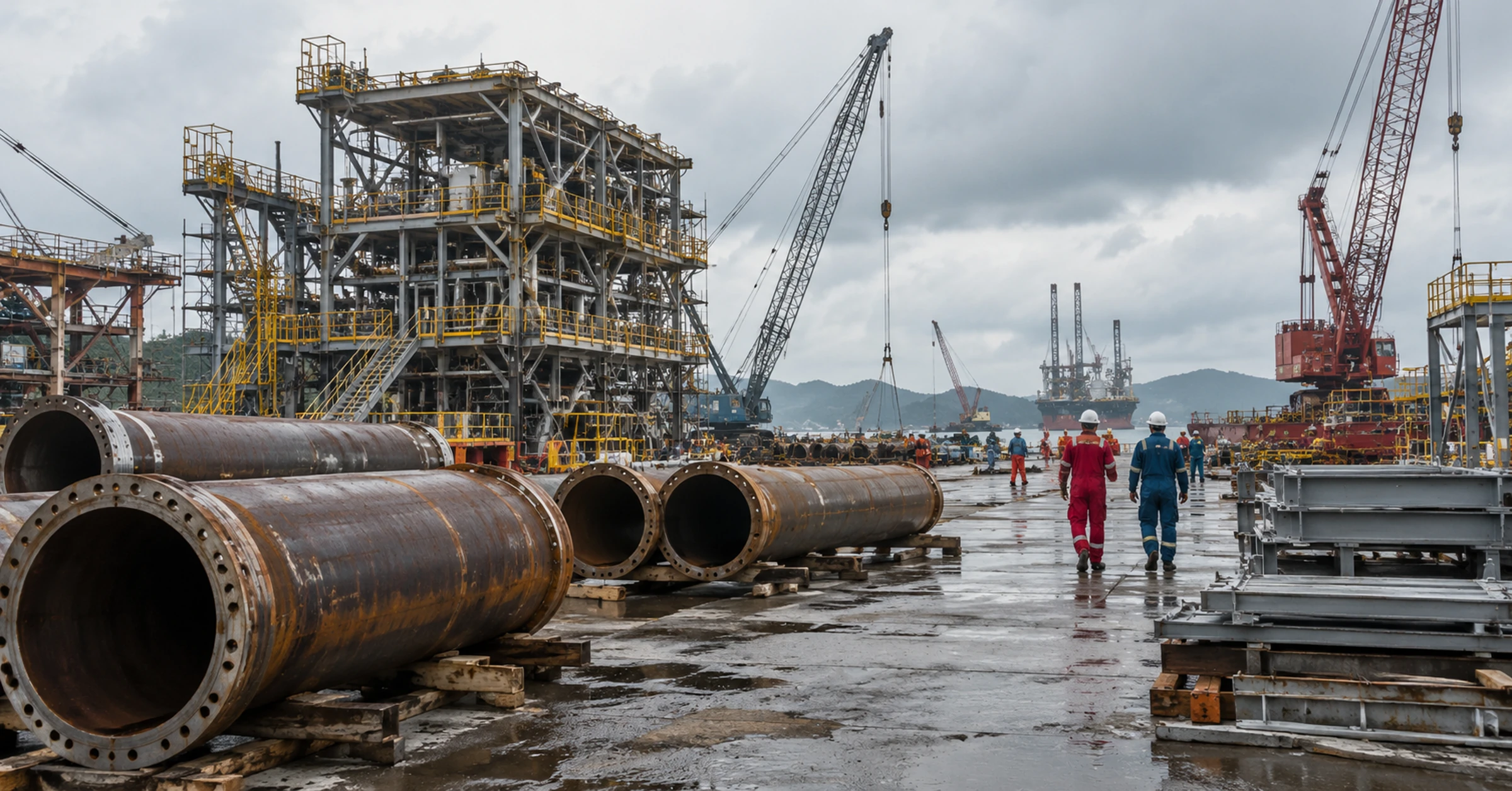 Pipe spools and steel modules at a working Malaysian coastal fabrication yard
