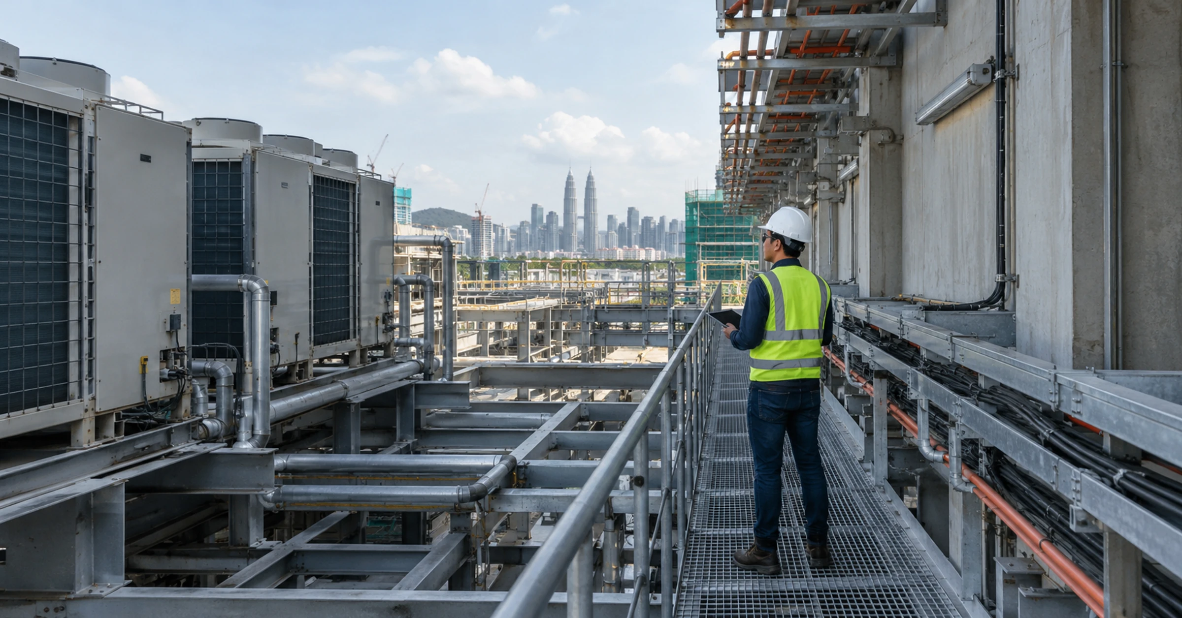 An M&E engineer inspecting cooling units and cable trays at a data-centre site