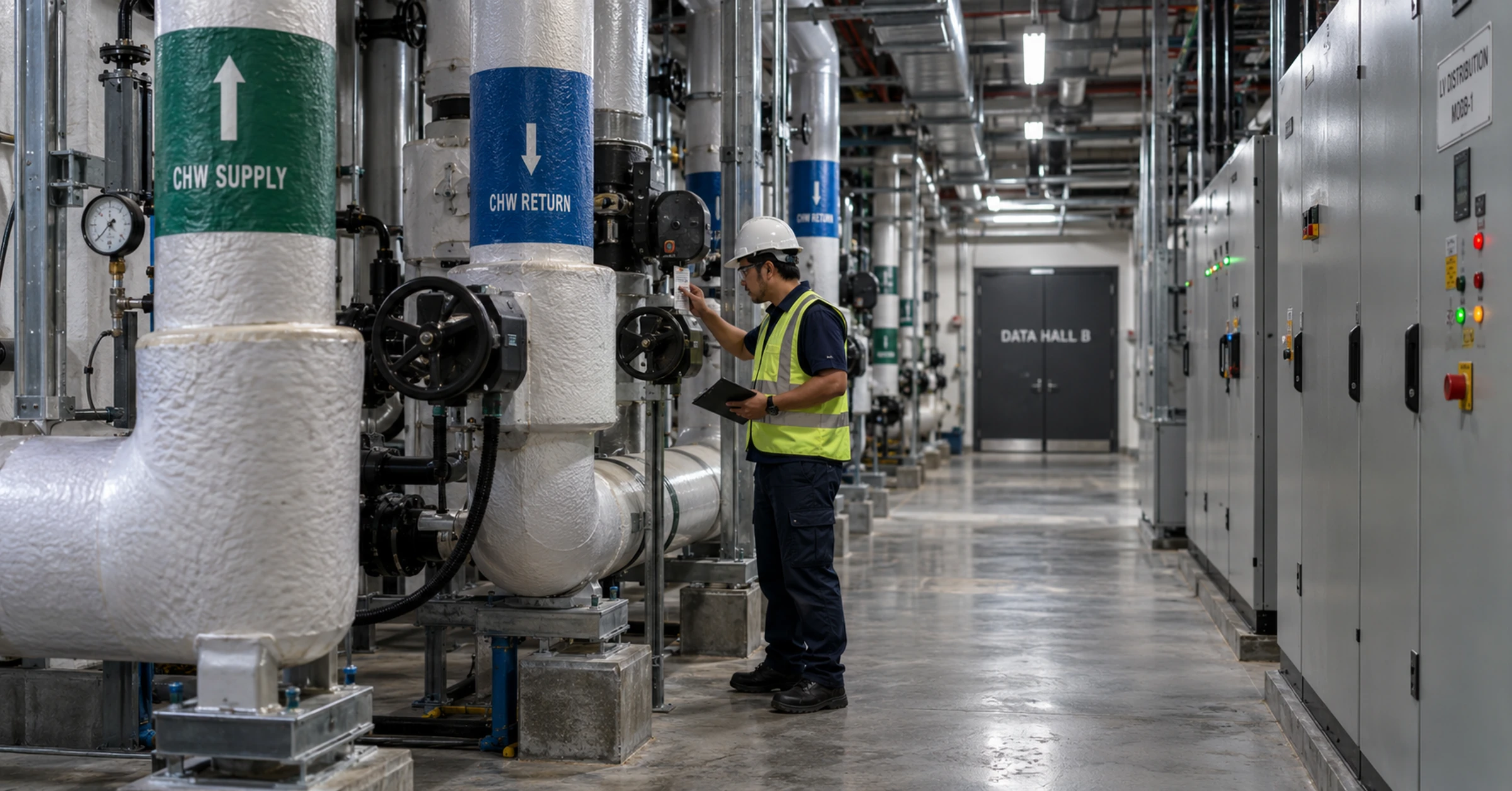 A technician inspecting chilled-water pipework in a data centre service corridor