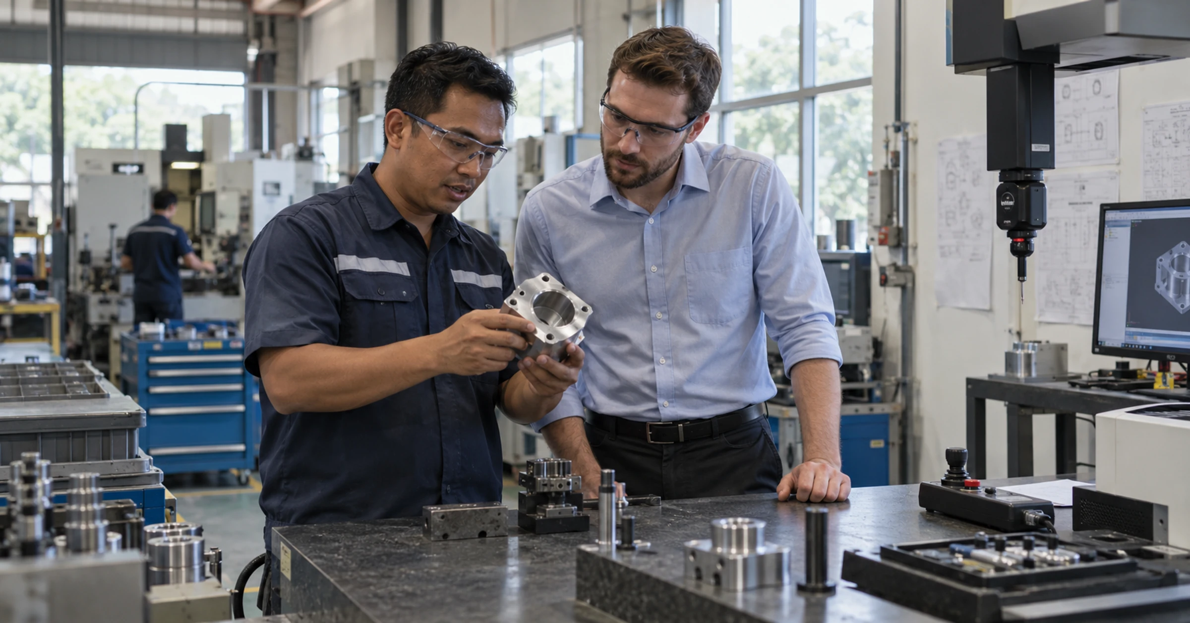 A supplier supervisor and visiting buyer examining a machined part at a factory inspection bench