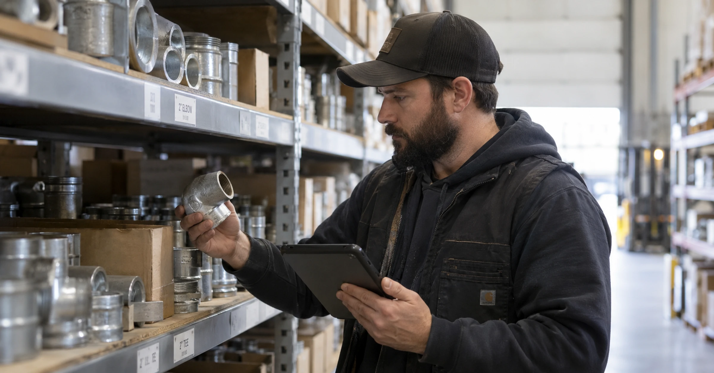 A product specialist comparing a warehouse component with information on a tablet