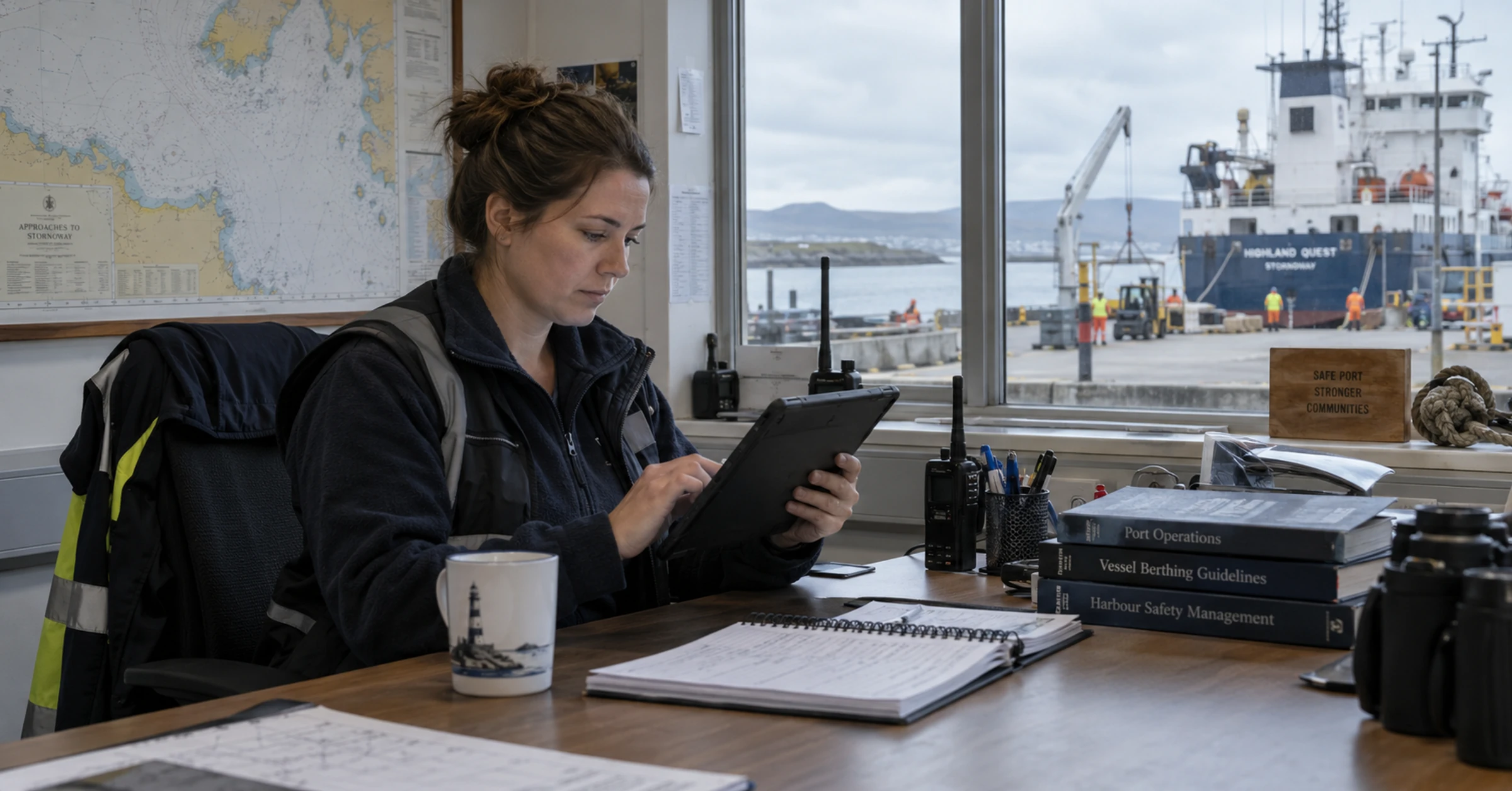 A vessel operations coordinator using a tablet beside logbooks and a radio in a harbour office