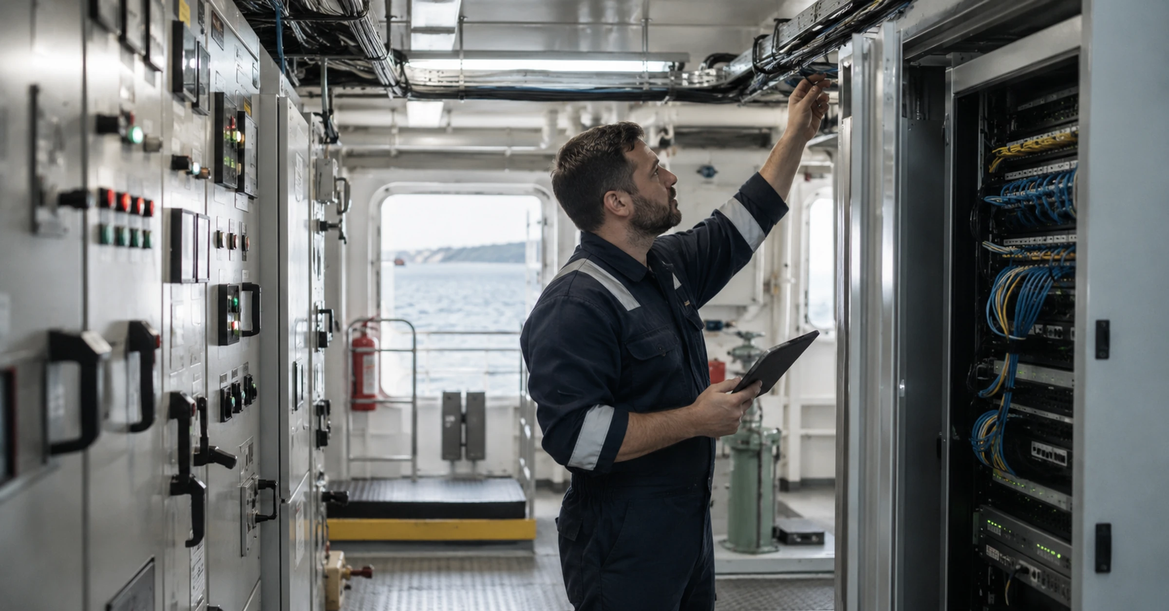 A technician checking cable paths between ship control and network equipment