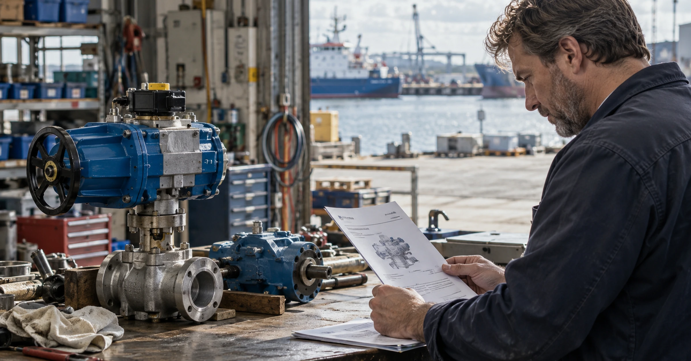 A technical buyer reviewing marine equipment and product sheets at a supplier bench