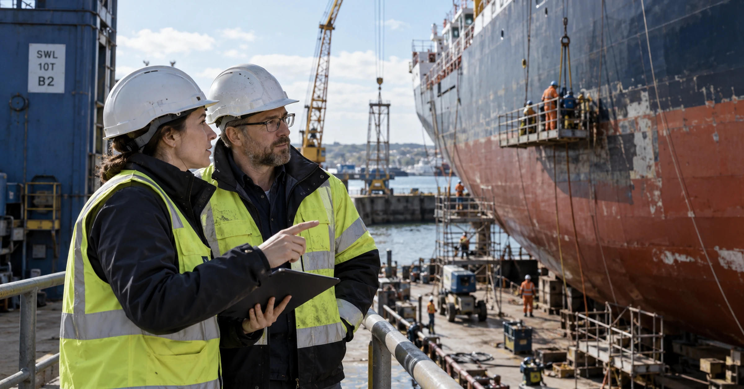 A shipyard manager and vessel engineer reviewing maintenance work from a protected quay