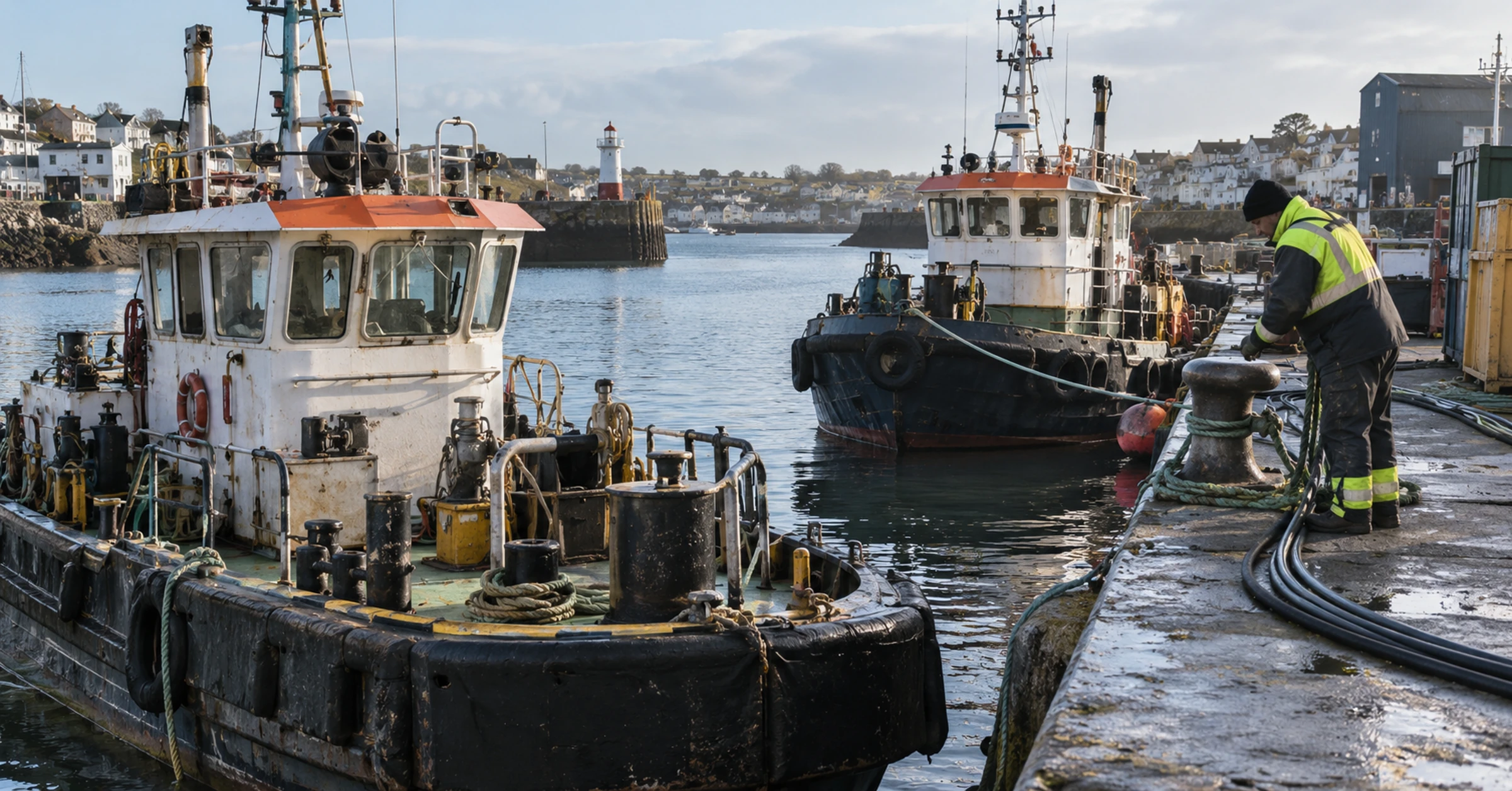 Harbour service workboats alongside a working maintenance quay