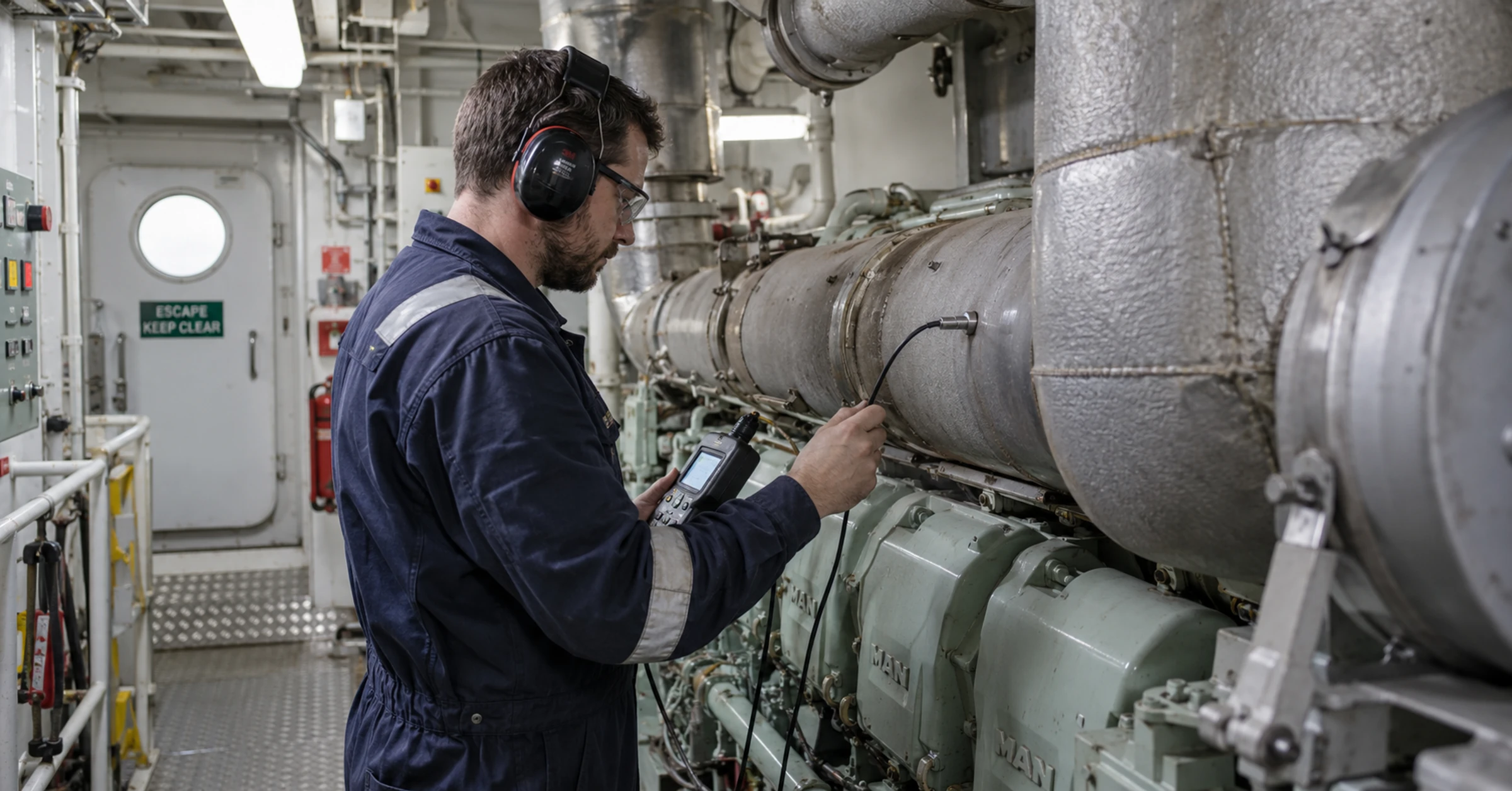 A marine engineer checking instrumentation beside exhaust pipework in a vessel engine room