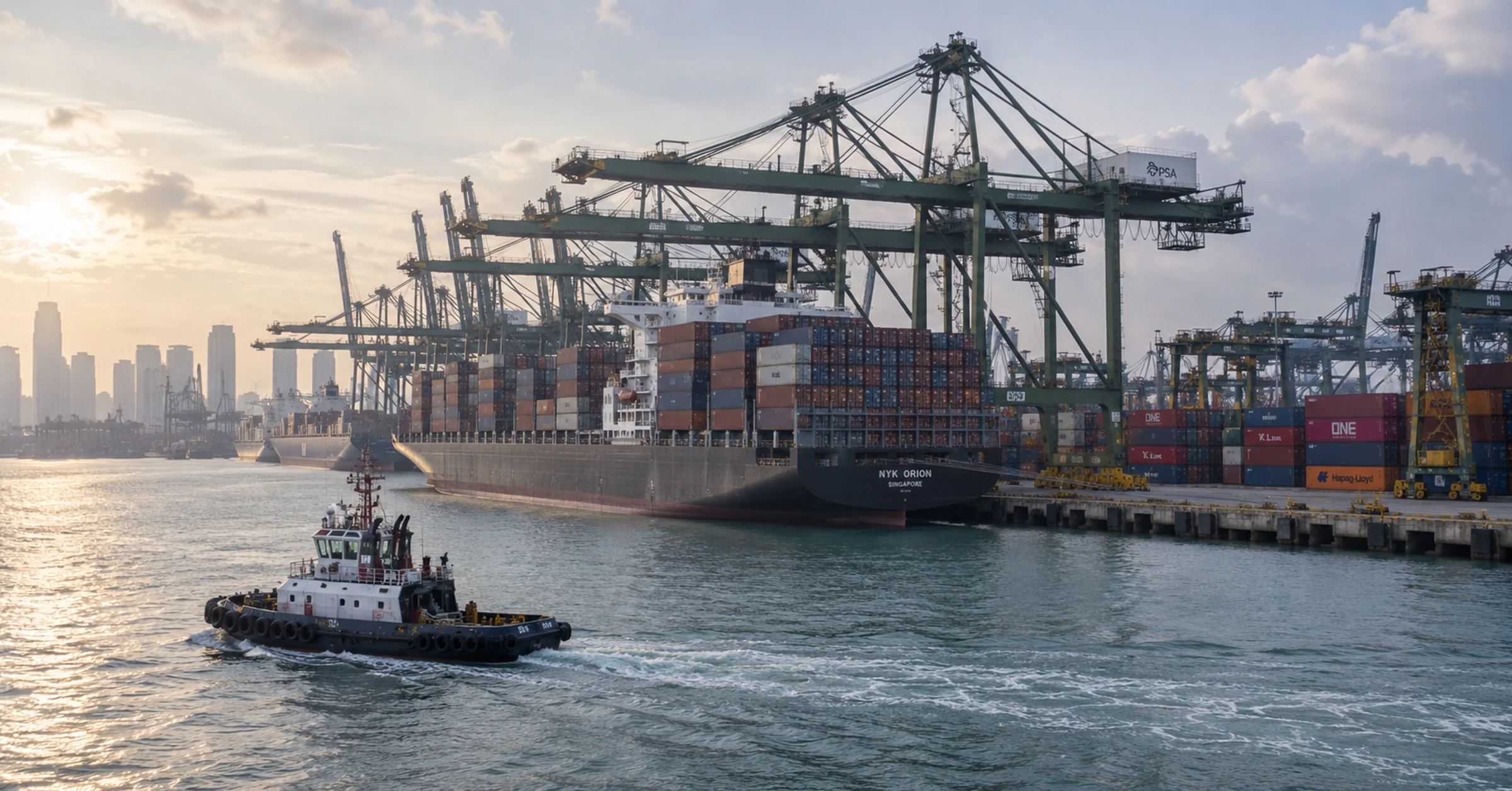 Container cranes and a tug at a working Singapore terminal in morning haze