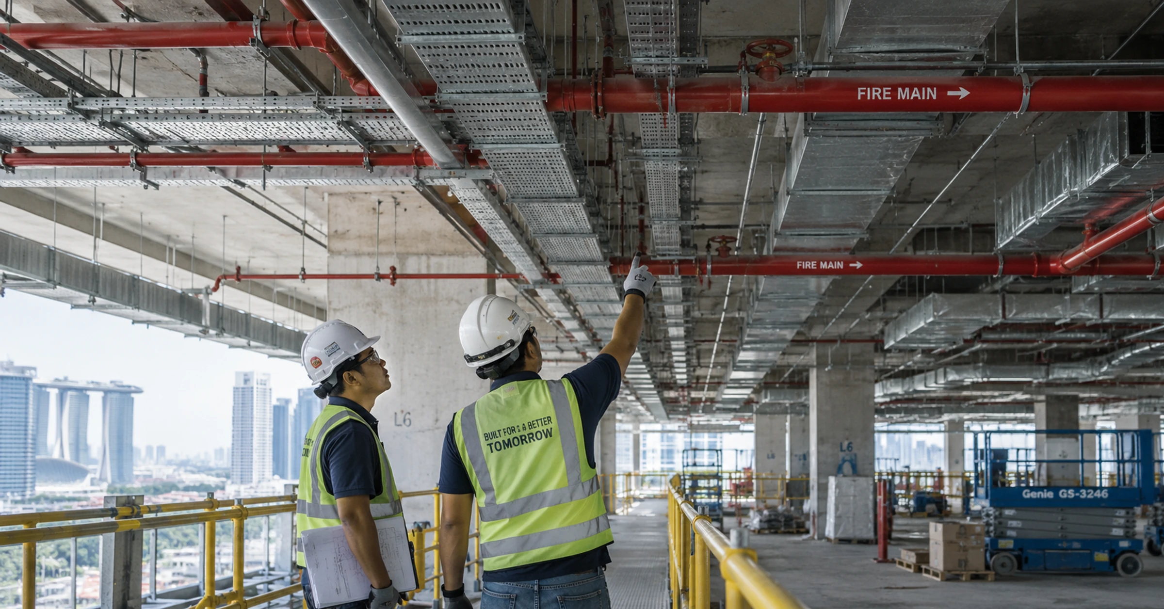 Building-services technicians inspecting cable trays and pipework in a commercial building
