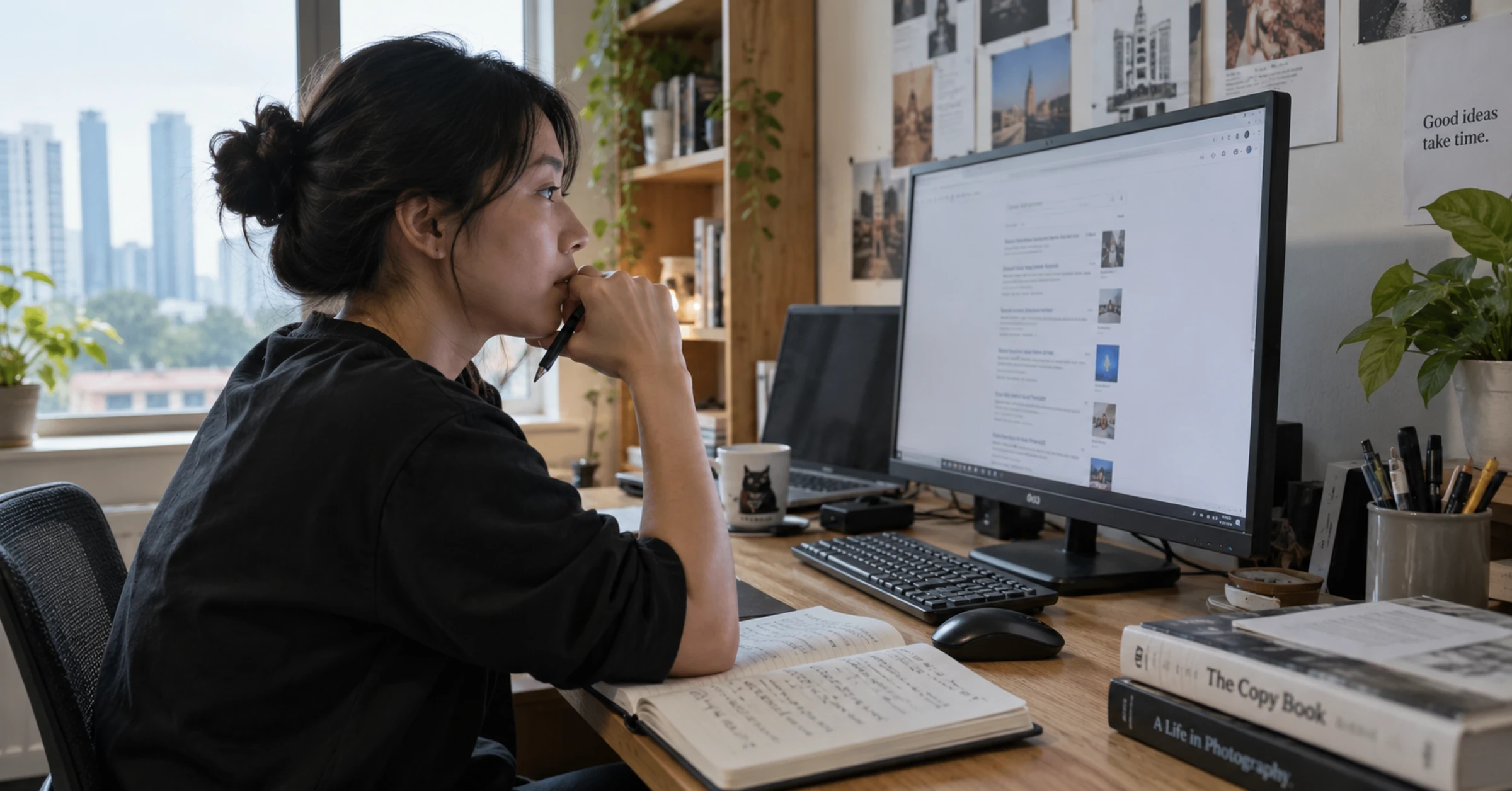 A search analyst recording observations while reviewing a browser in a daylight studio