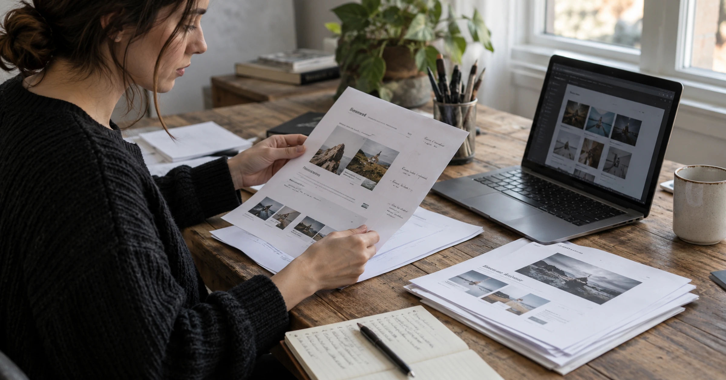An editor sorting printed website pages during a content review