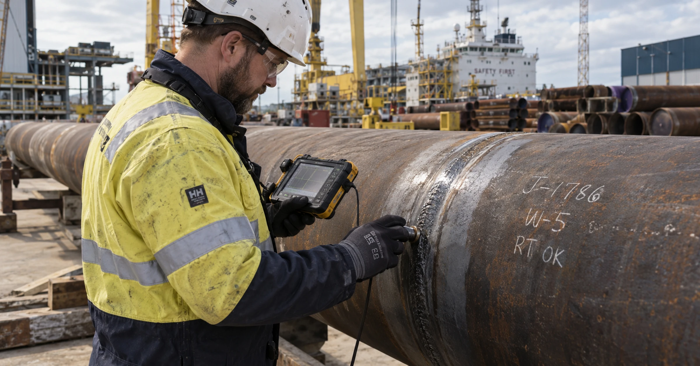 A quality inspector checking a welded pipe joint at a fabrication-yard inspection station
