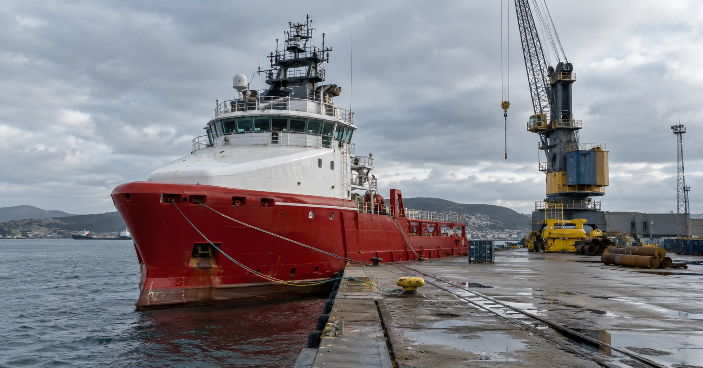 An offshore support vessel alongside a crane-equipped industrial quay