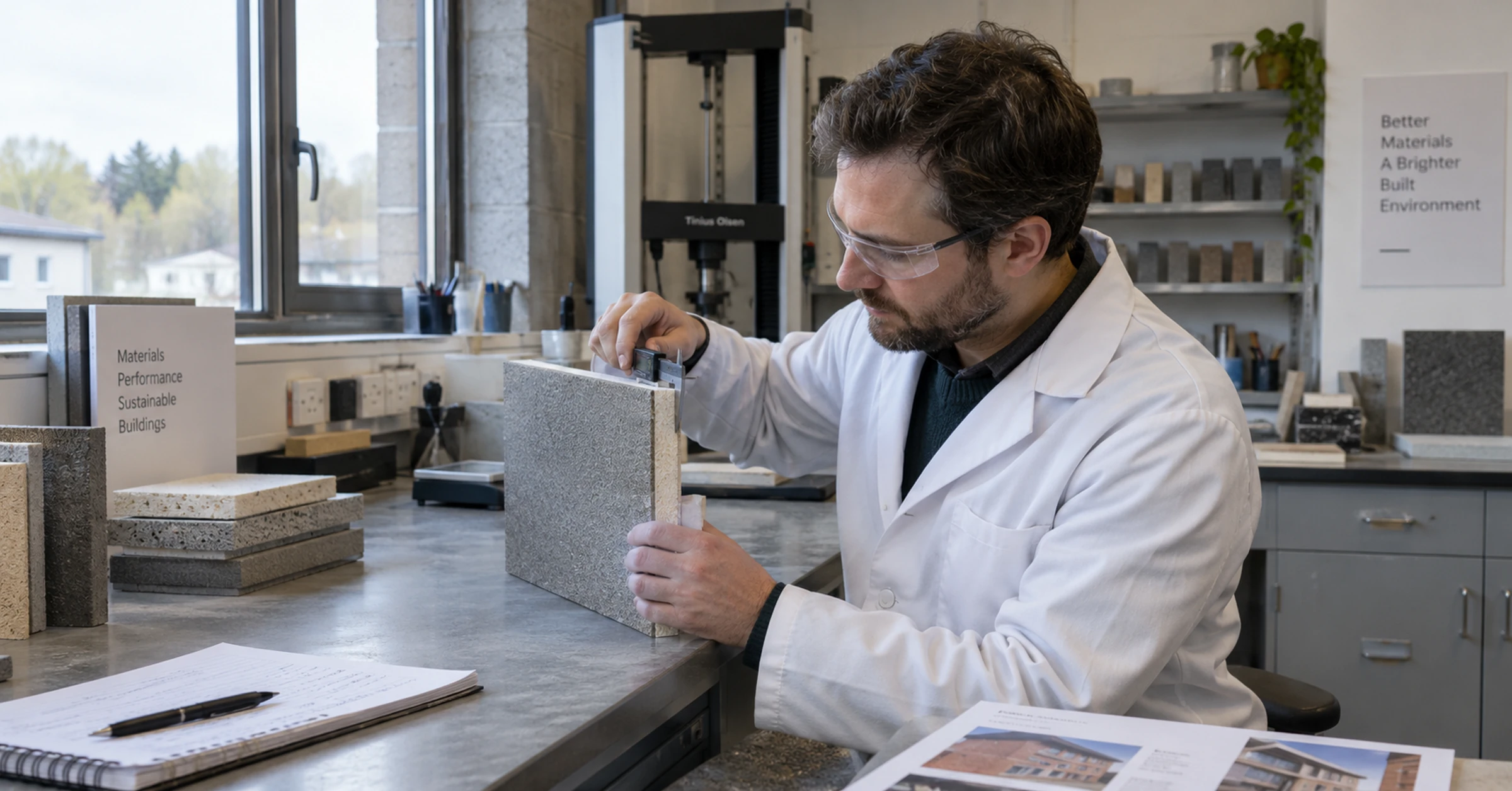A building-products specialist checking a wall panel sample and product documentation