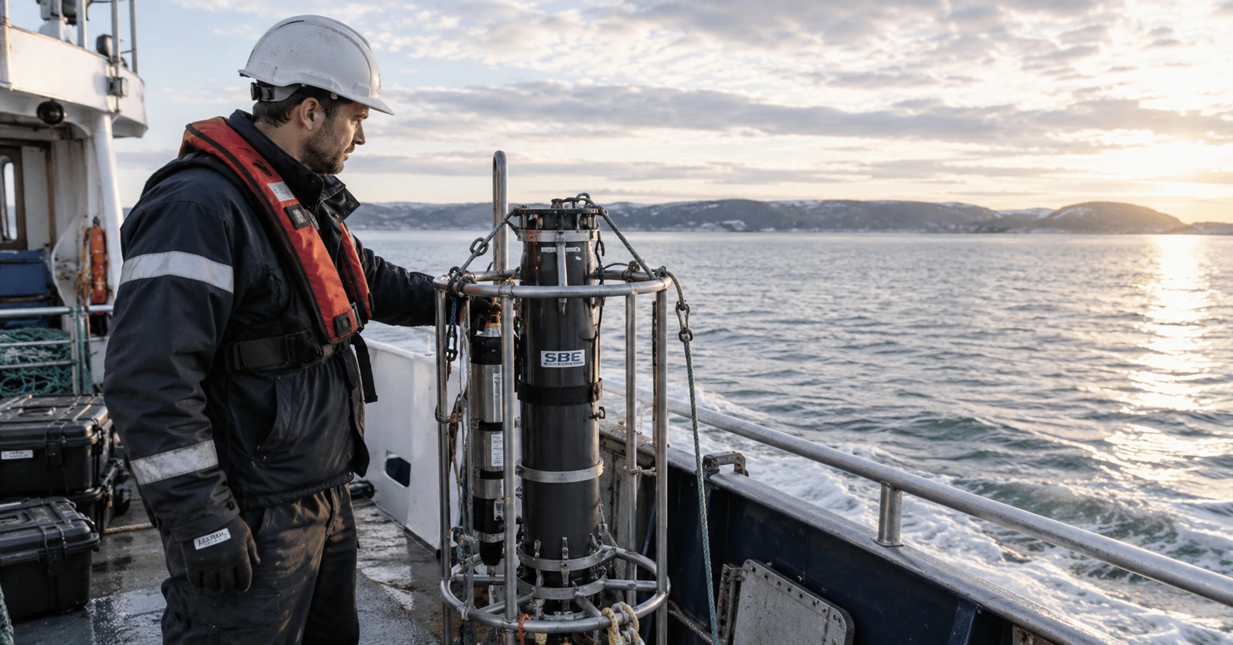 A marine engineer observing a secured trial instrument during a coastal sea trial