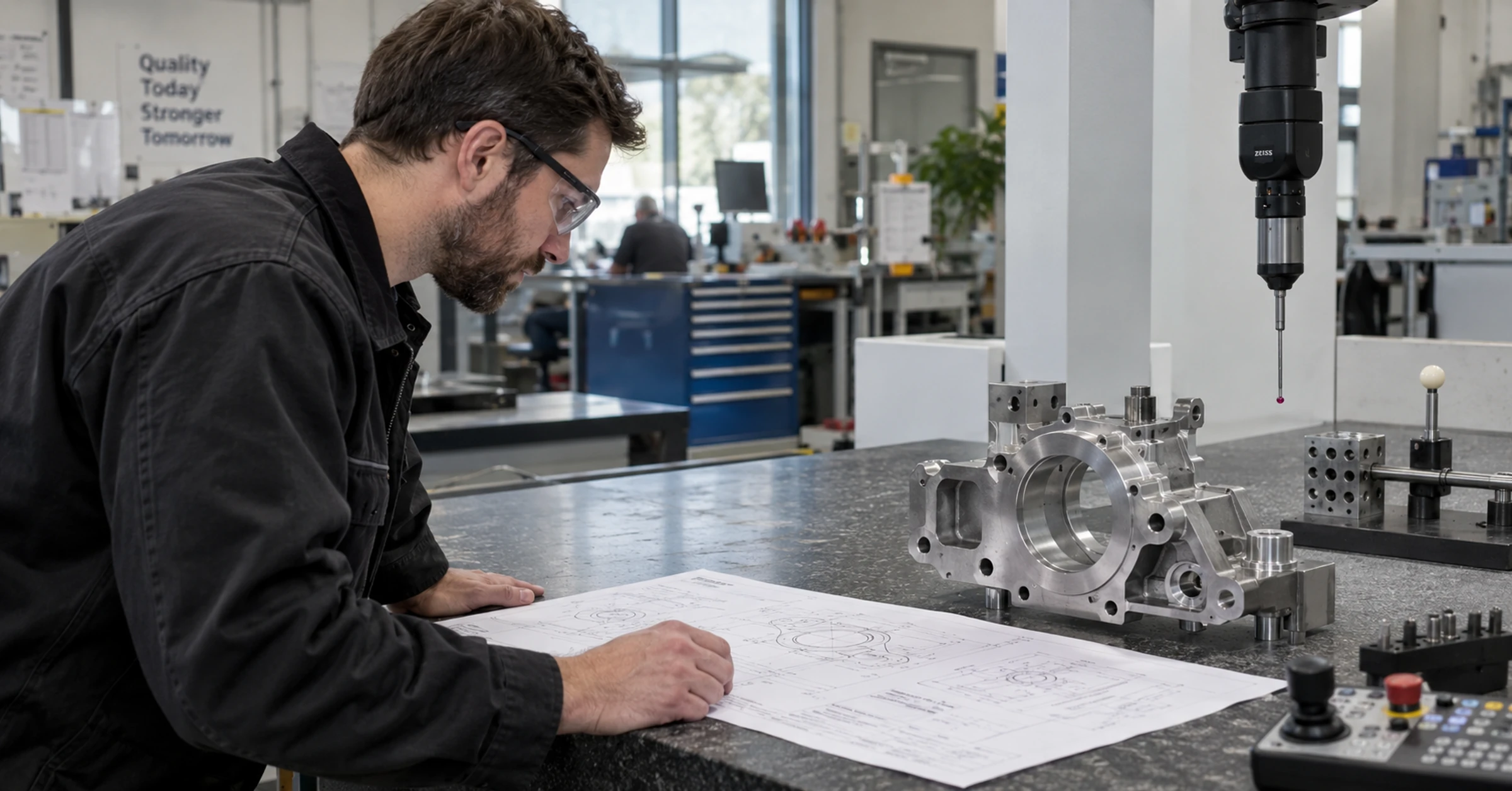A quality technician matching a finished component to its engineering drawing