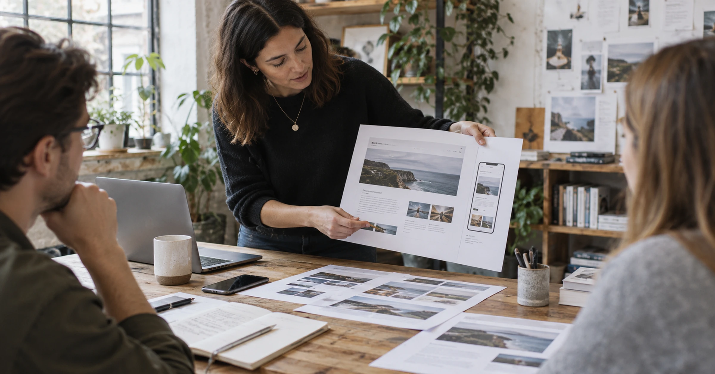A website designer reviewing printed desktop and mobile page layouts beside real devices