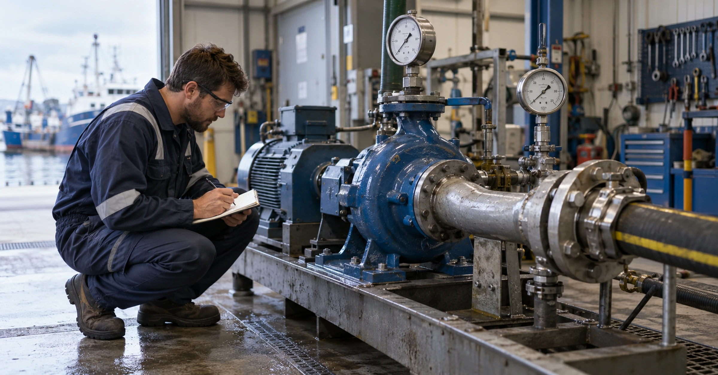 An engineer recording a reading during a marine pump bench test