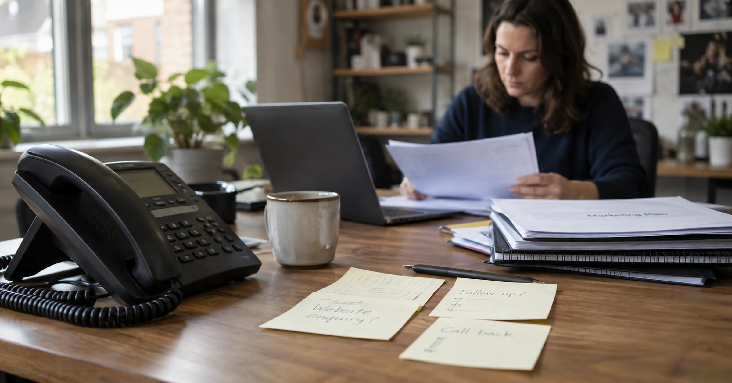 A sales desk with a phone and enquiry notes during a marketing review