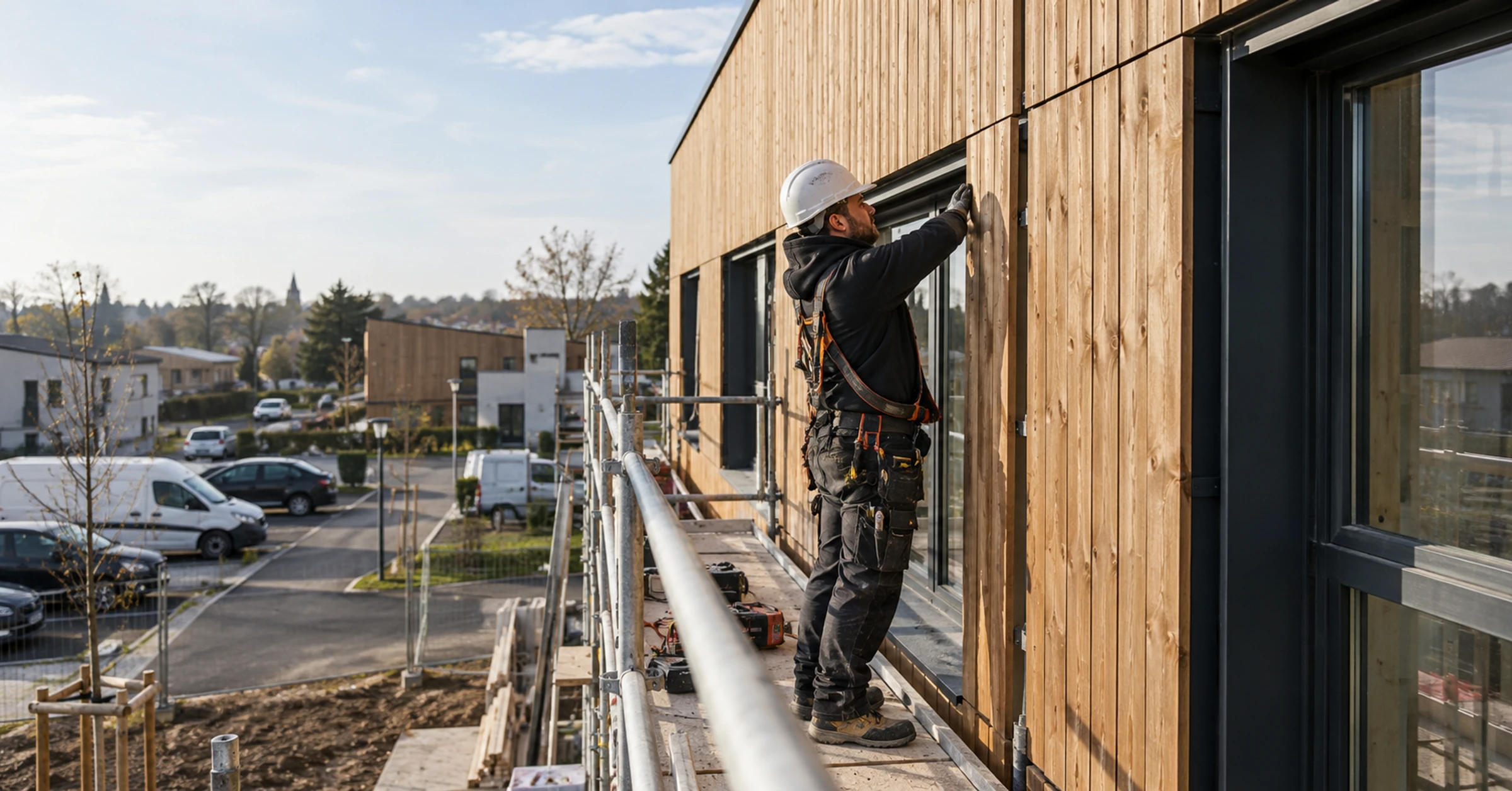 A worker installing timber facade panels on a low-rise building in France