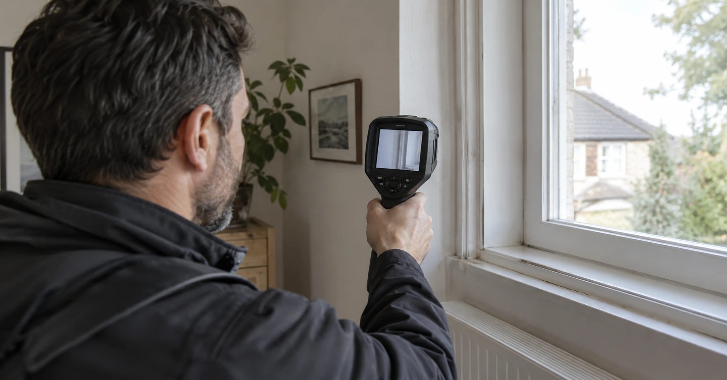 A technician checking window detailing with a thermal inspection camera