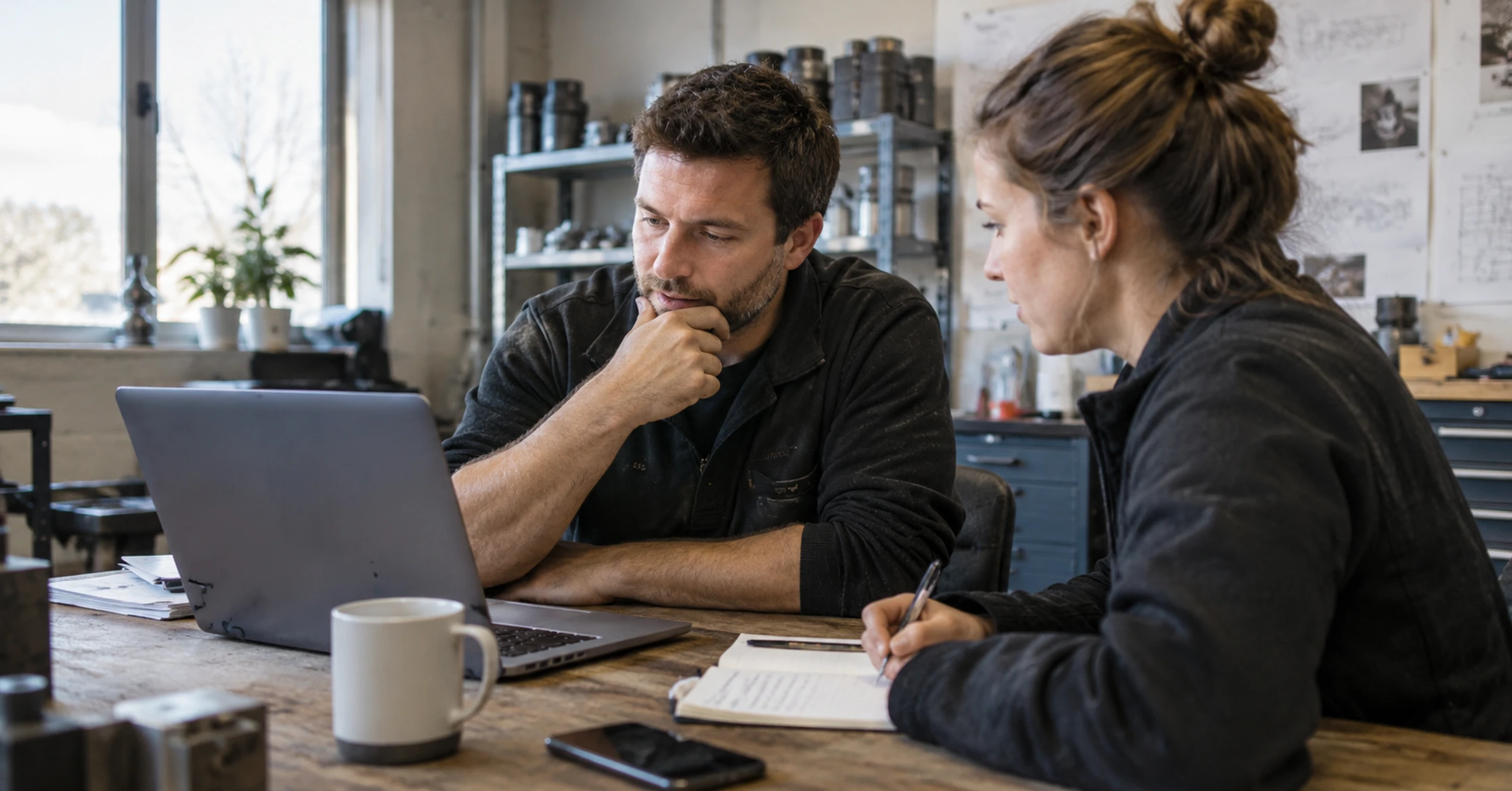 A small engineering-business owner reviewing marketing work with a colleague
