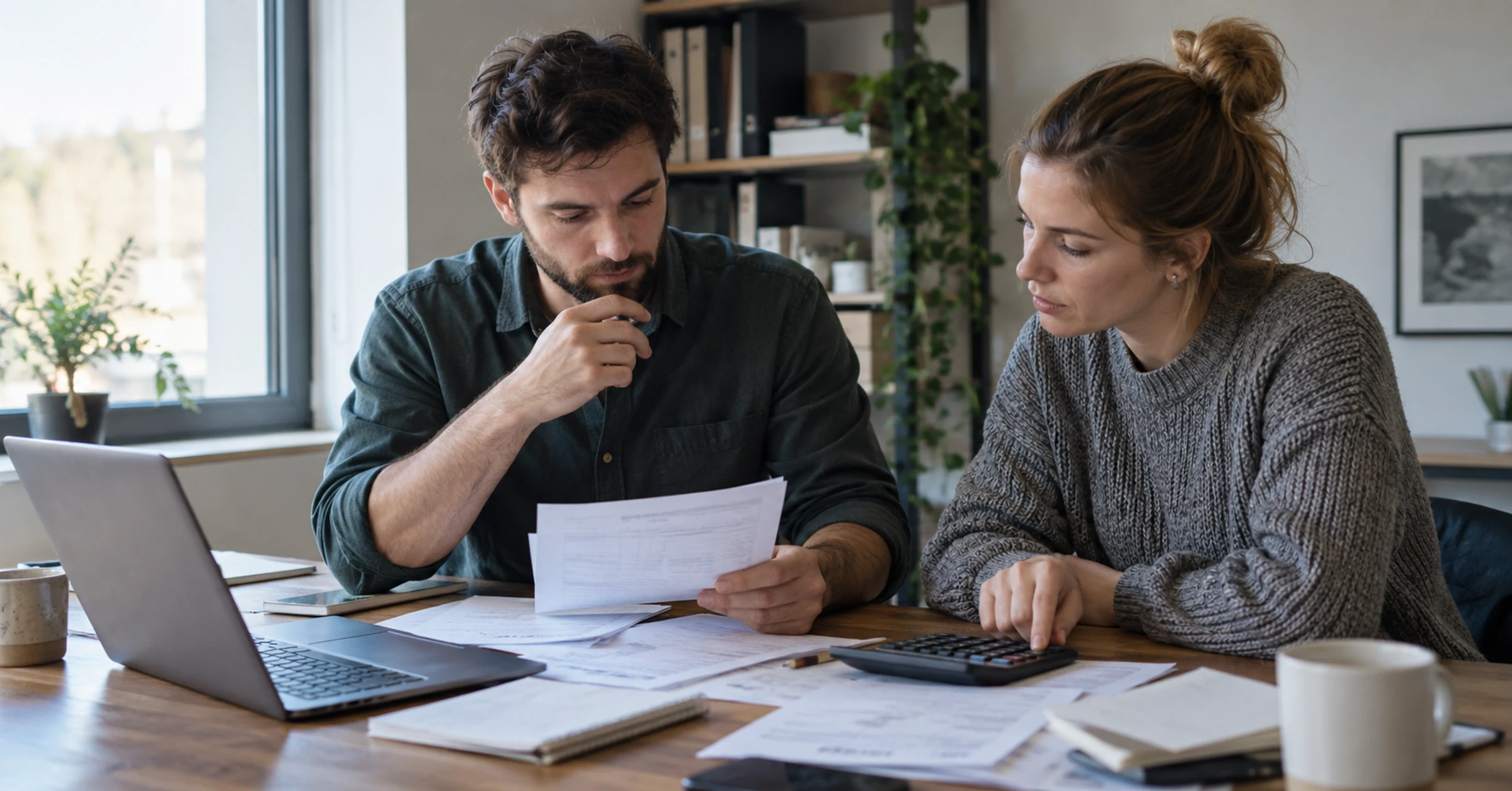 A founder and finance colleague reviewing marketing expenses and invoices