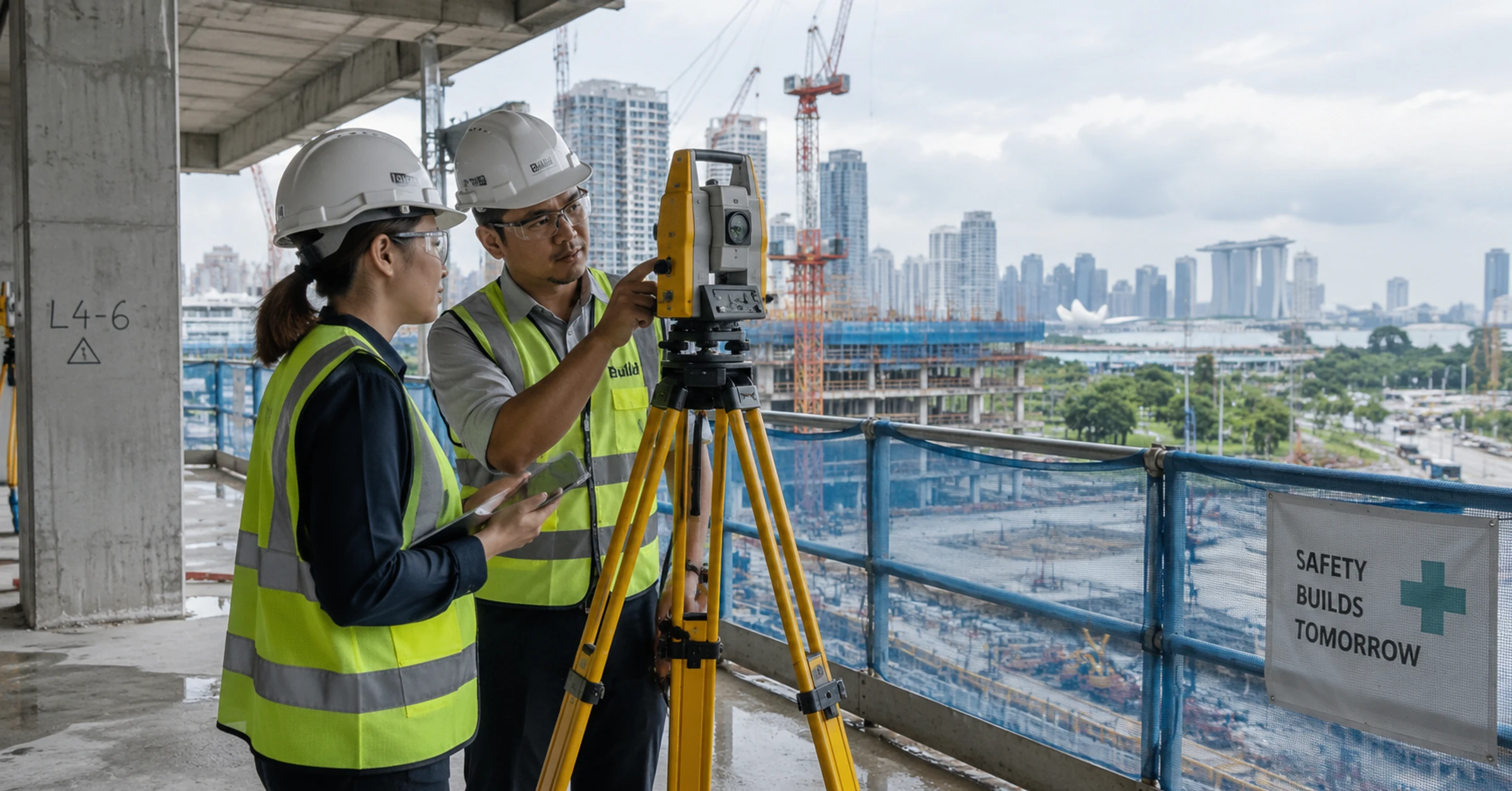 Engineers checking a surveying instrument during a construction-site trial