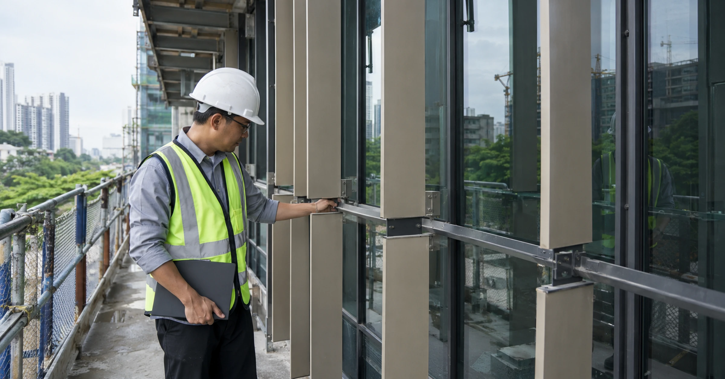 An engineer inspecting external shading and glazing on a Singapore building facade