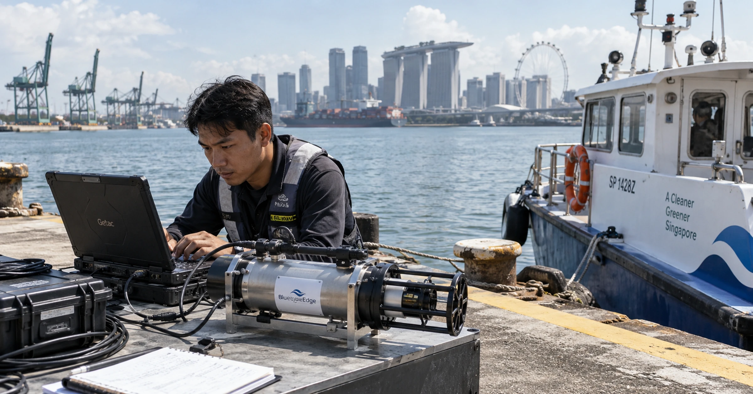 An engineer testing a marine sensor package beside a quay-side workboat