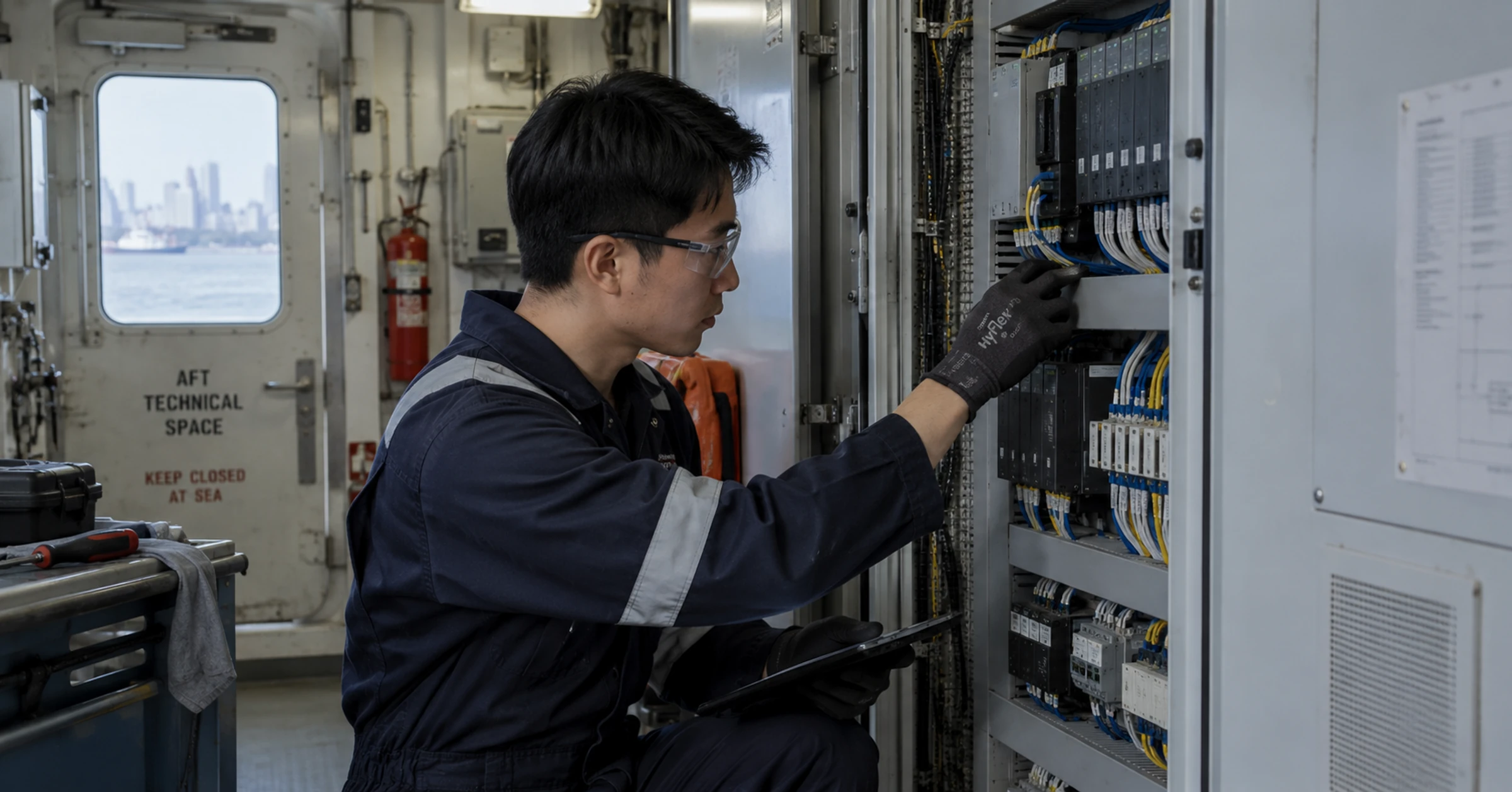 A marine automation technician examining an isolated ship control cabinet