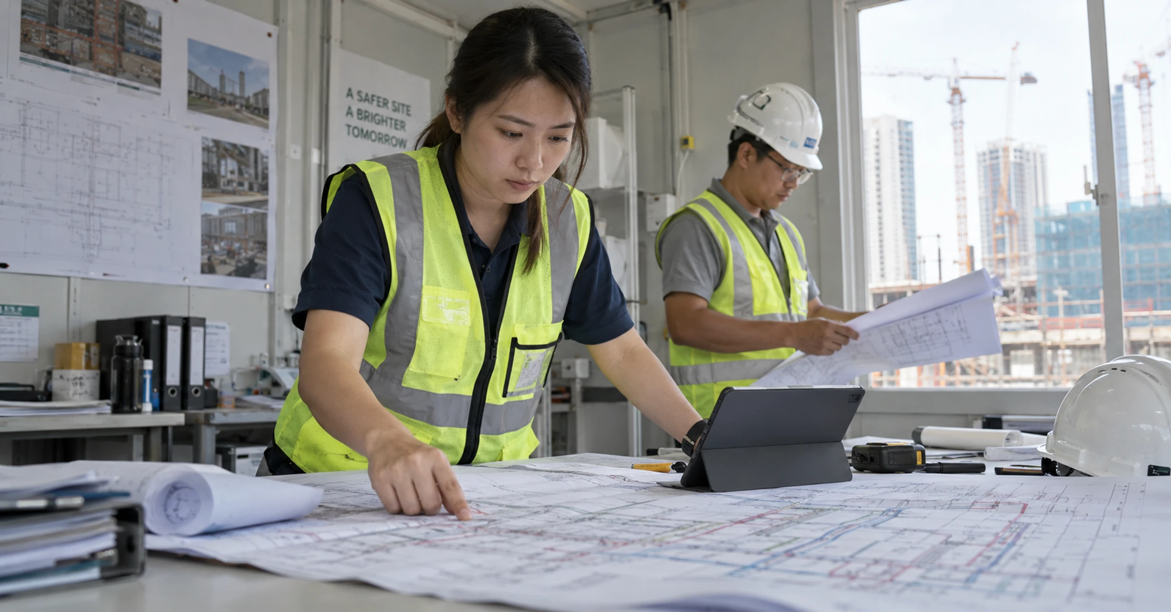 Construction coordinators checking building-services drawings and revision records