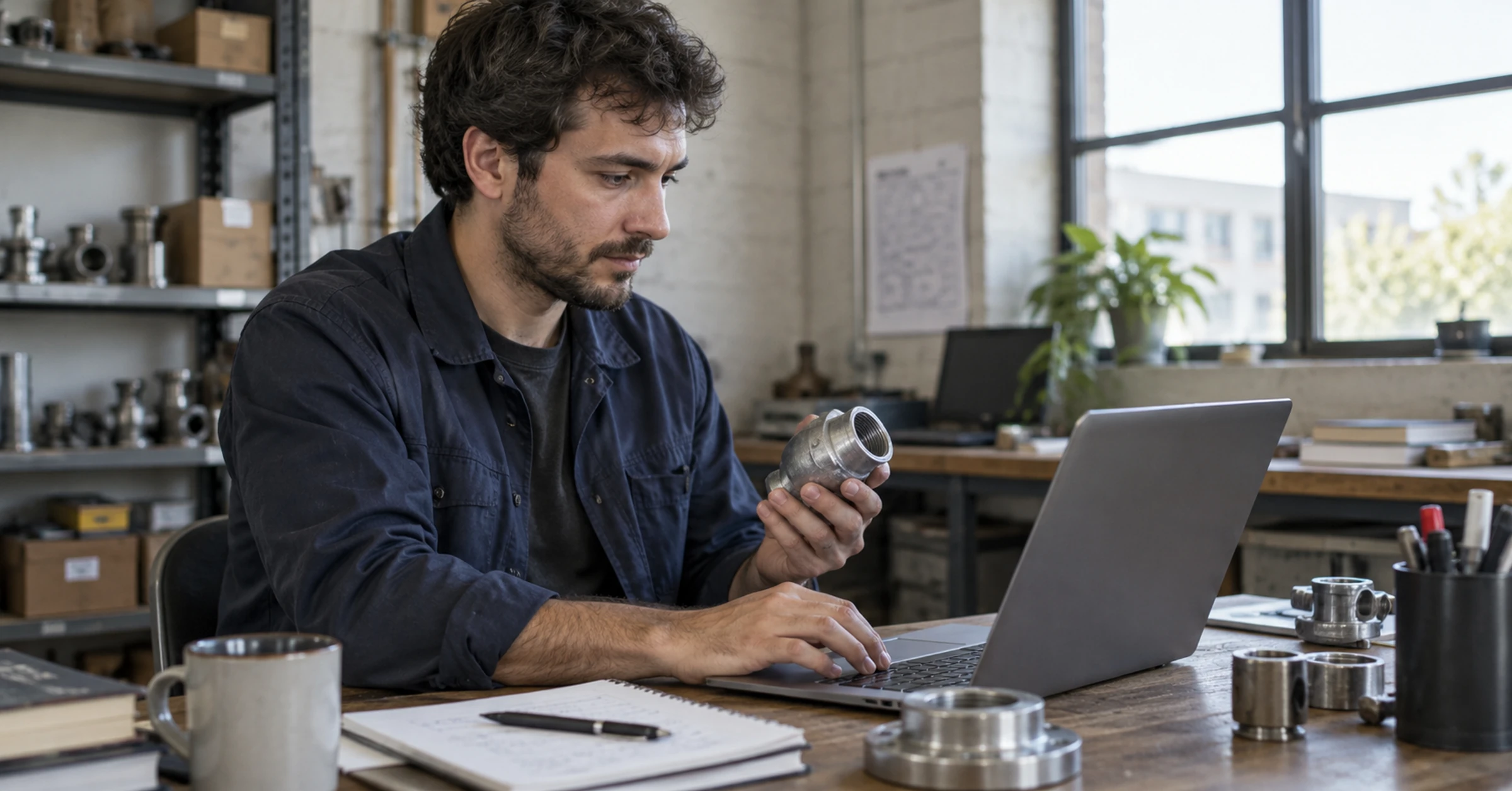 A procurement engineer comparing an industrial fitting with online supplier information