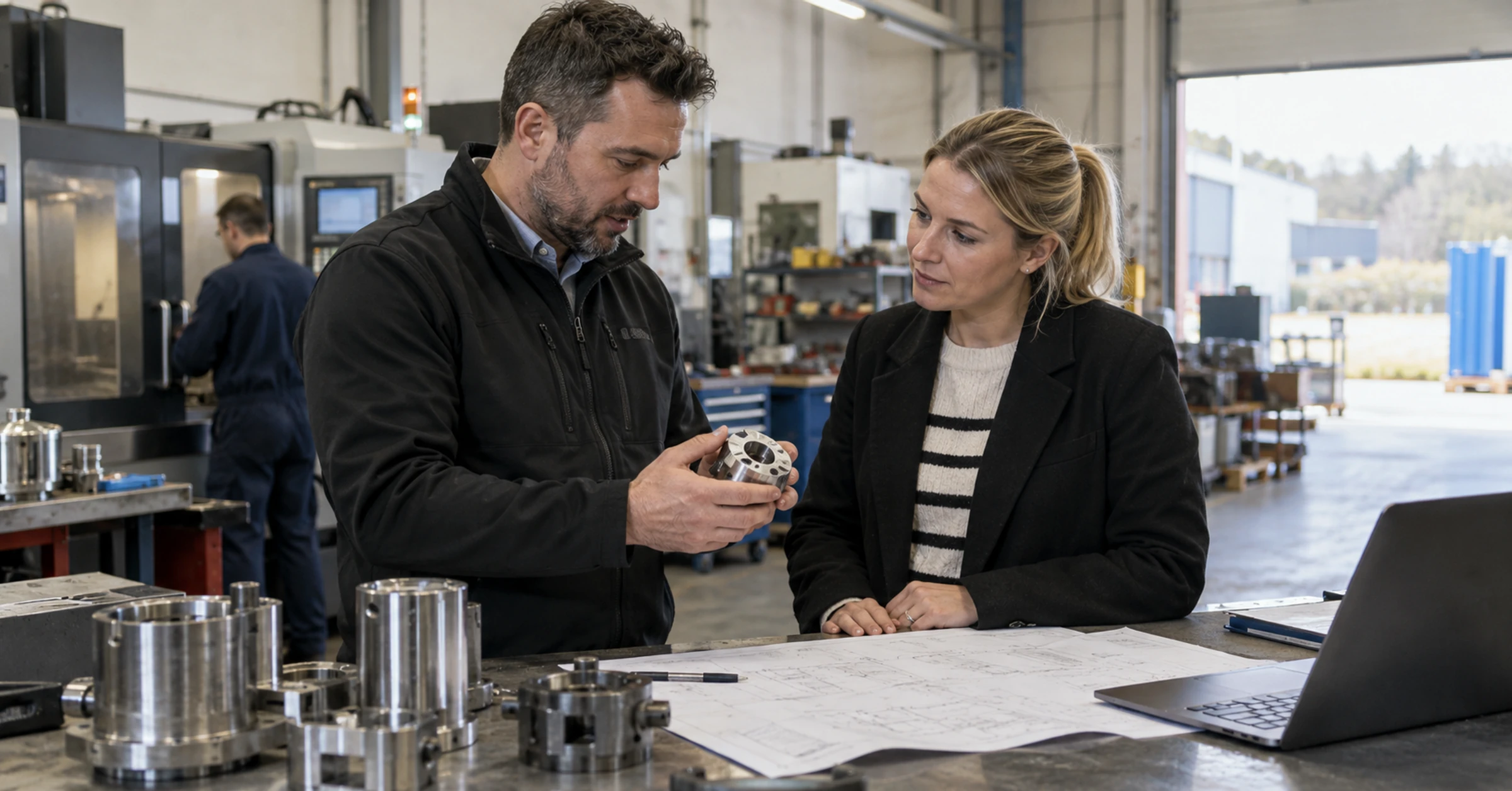 A technical sales manager and buyer reviewing a component and scope notes