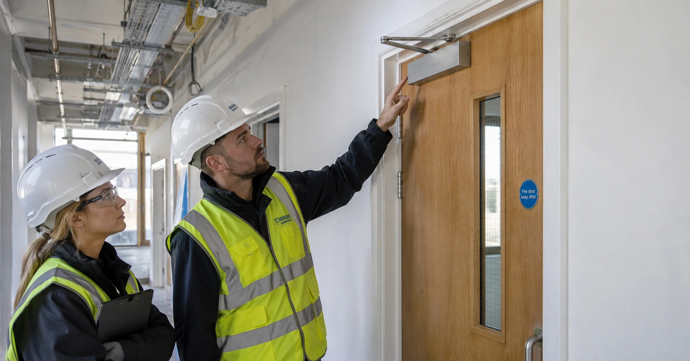 A construction supervisor and colleague checking an installed fire door