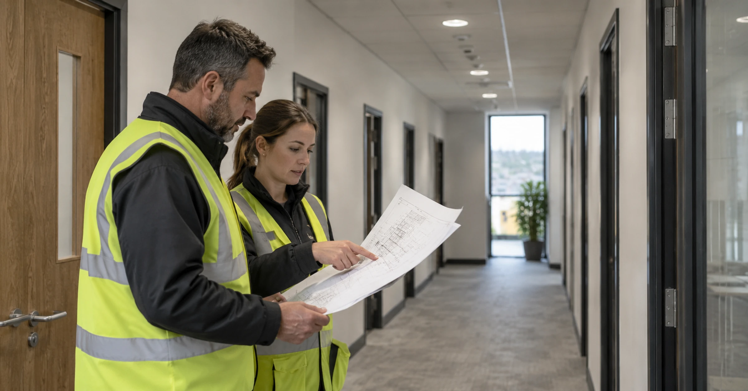 A contractor technical lead and procurement colleague reviewing a commercial fit-out