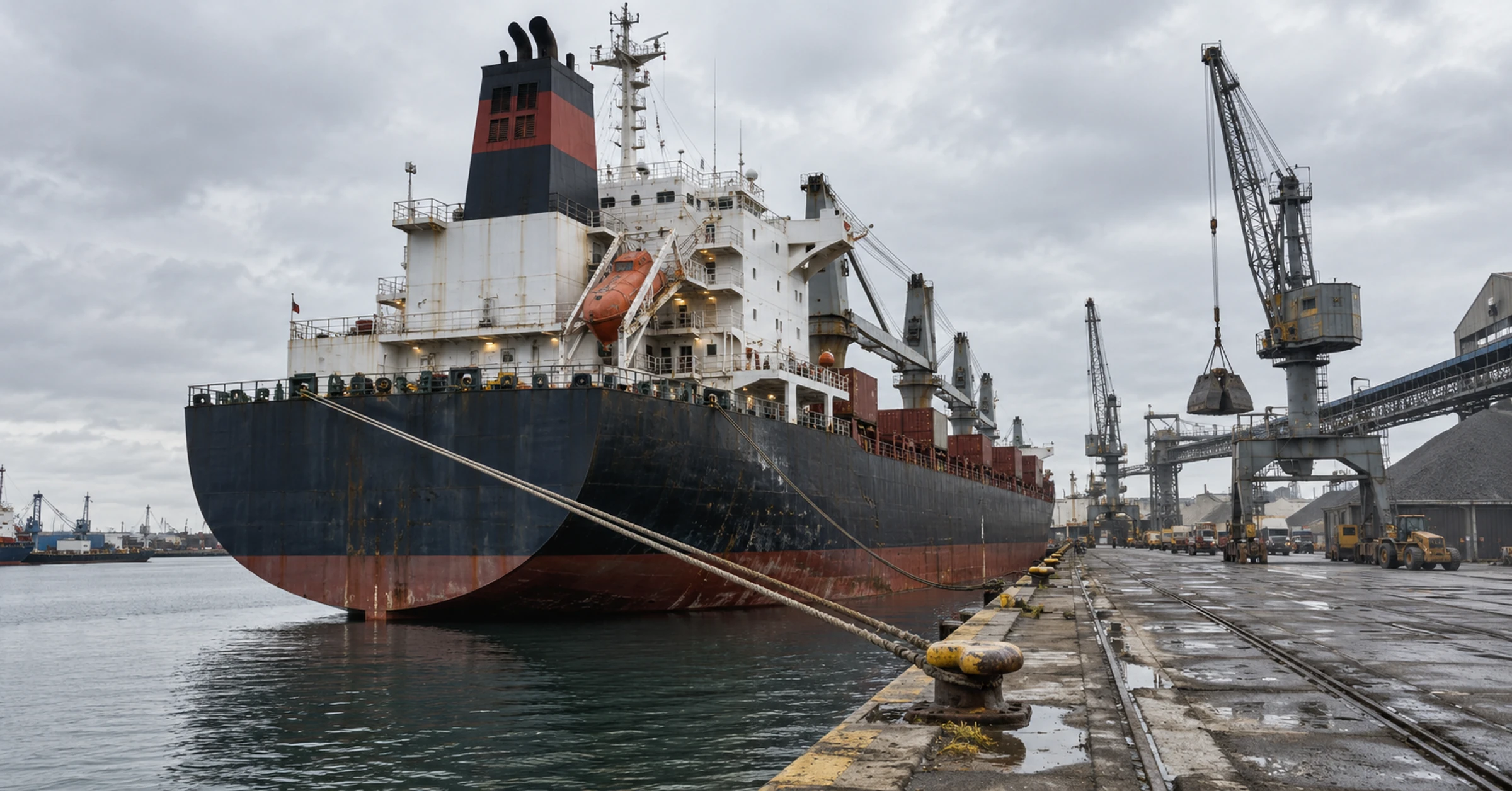 A coastal cargo ship moored alongside a working industrial port quay in the United Kingdom
