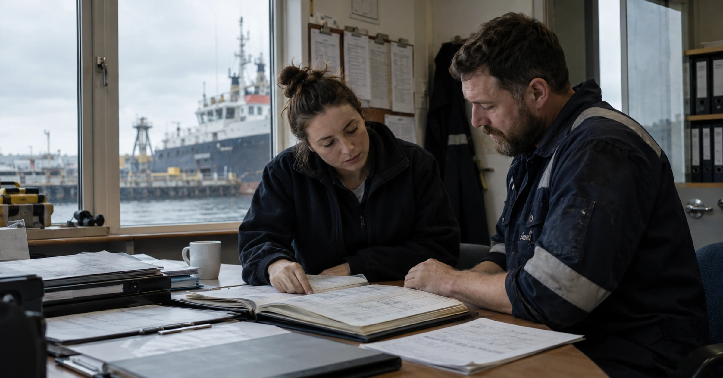 A vessel engineer and operations coordinator reviewing engine-room logbooks