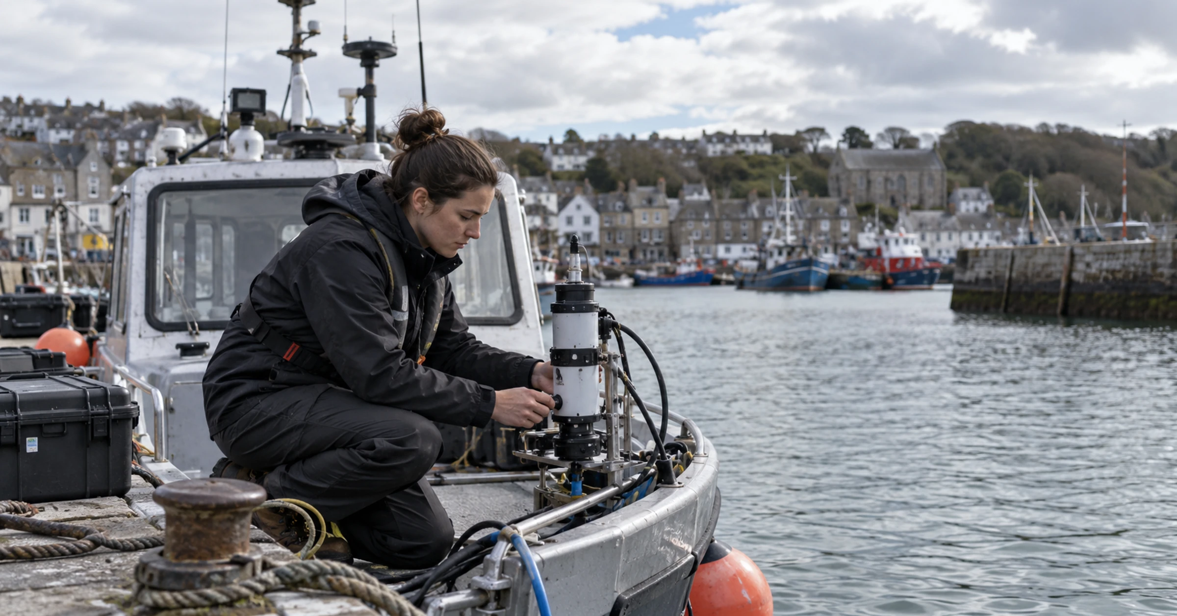 An engineer checking a prototype sensor mounted on a harbour workboat