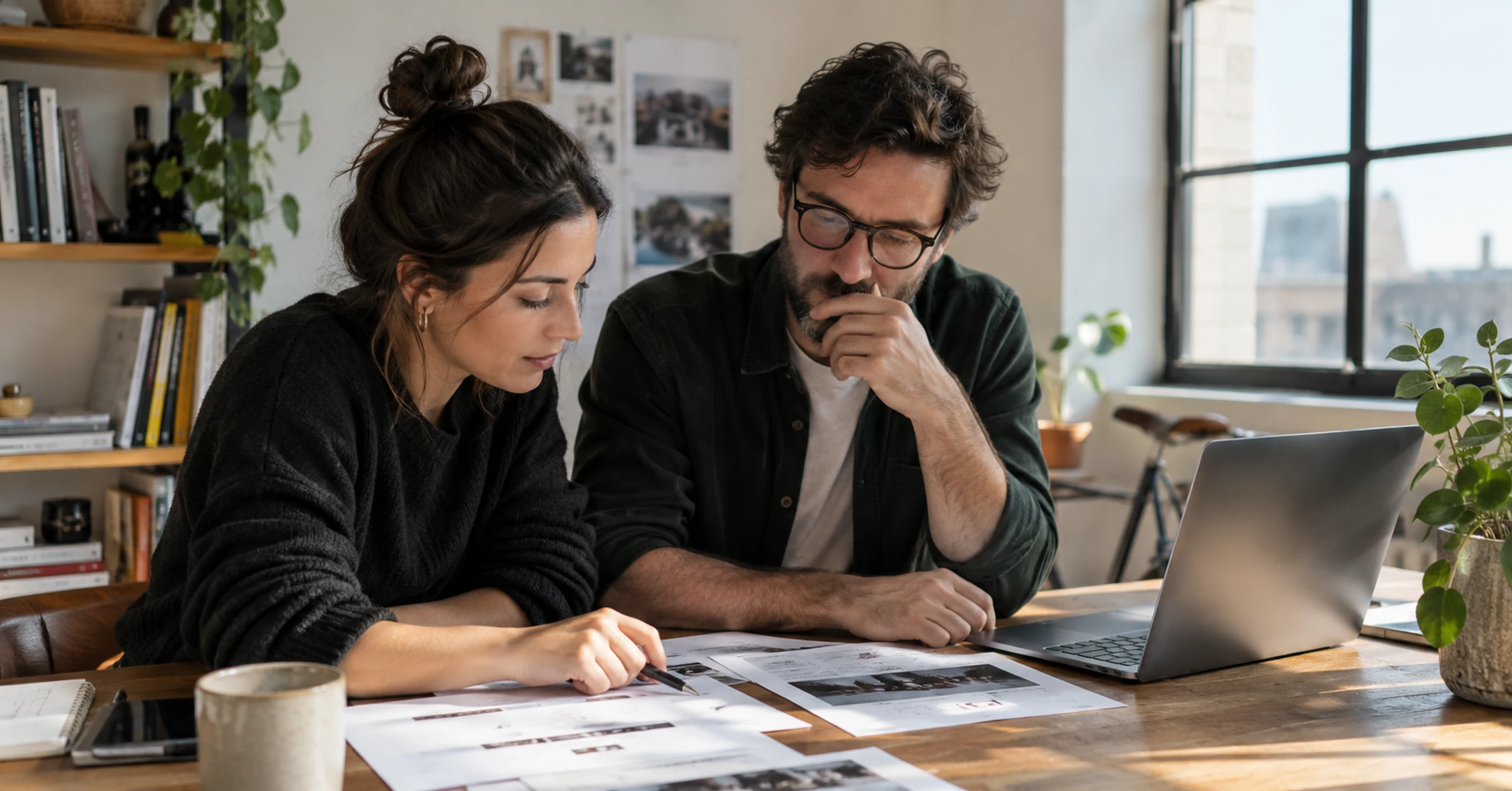 A search specialist and founder reviewing printed website pages and correction notes