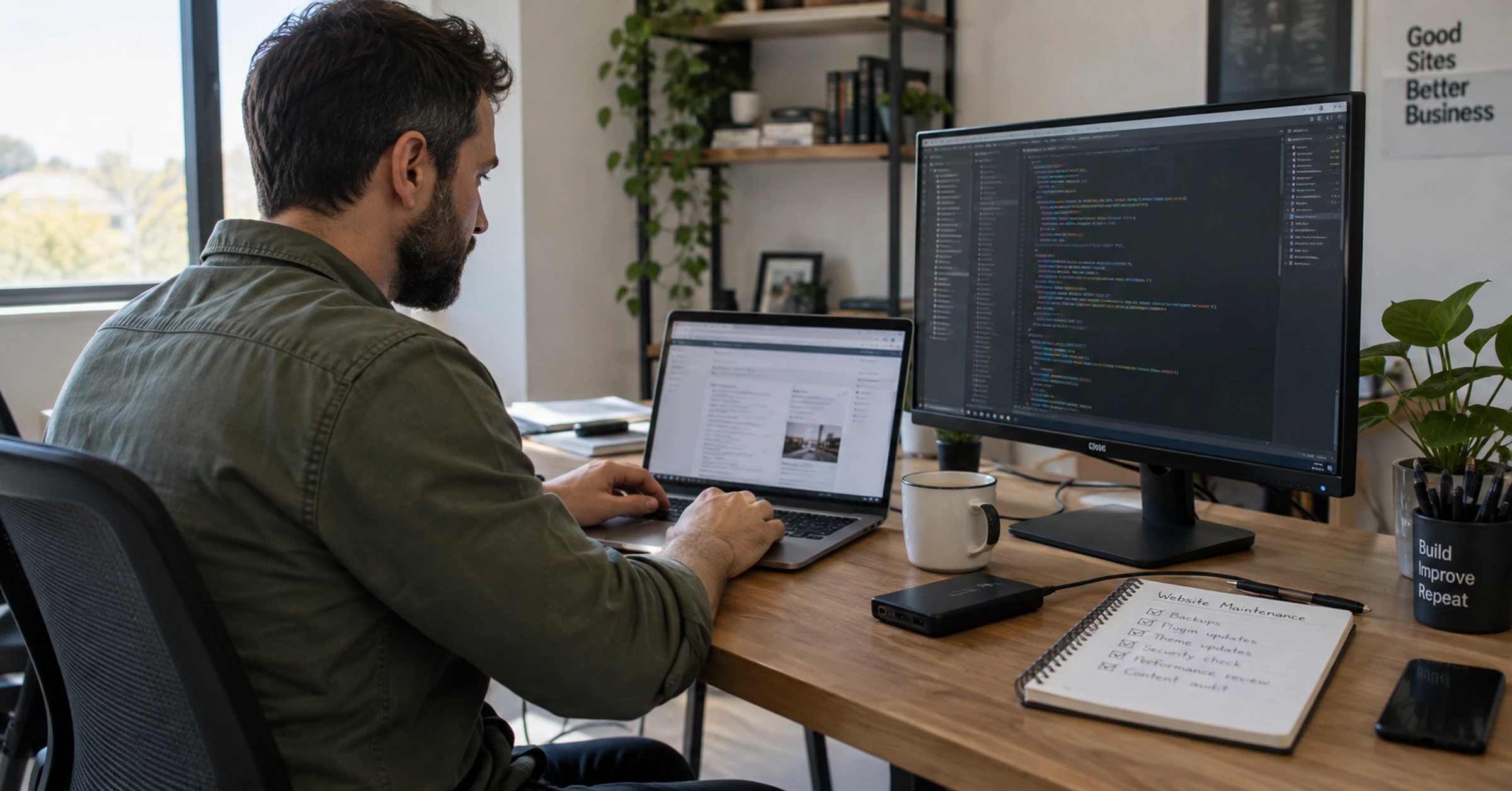 A technician reviewing a business website beside maintenance notes and a backup drive