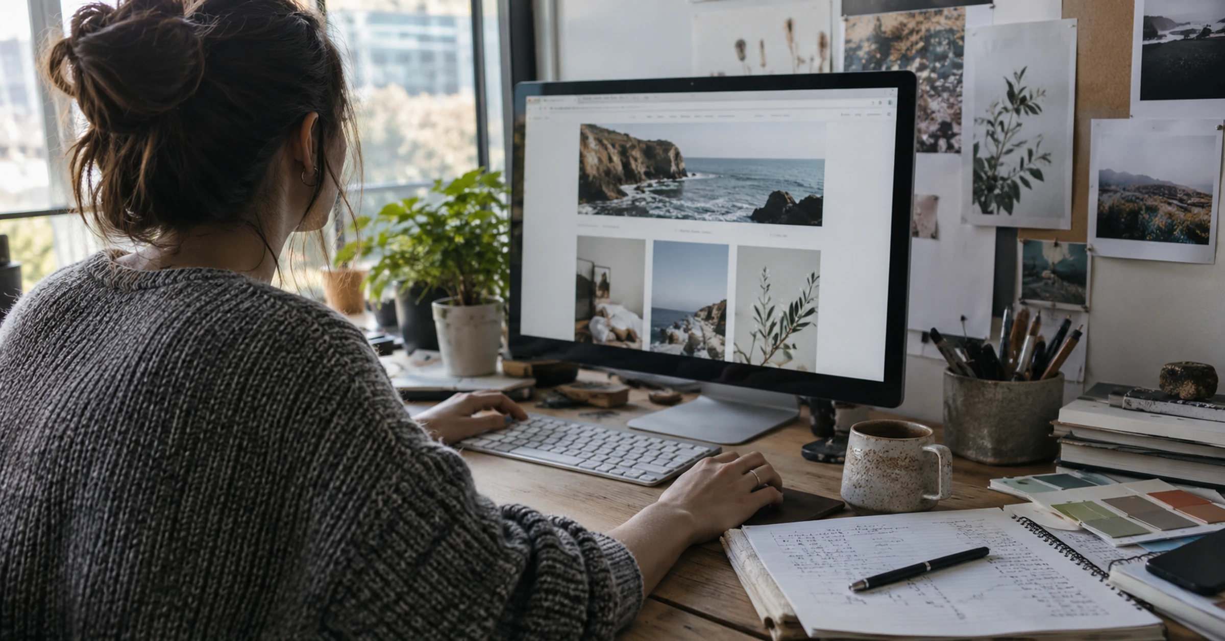 A website designer reviewing an existing page alongside handwritten revision notes
