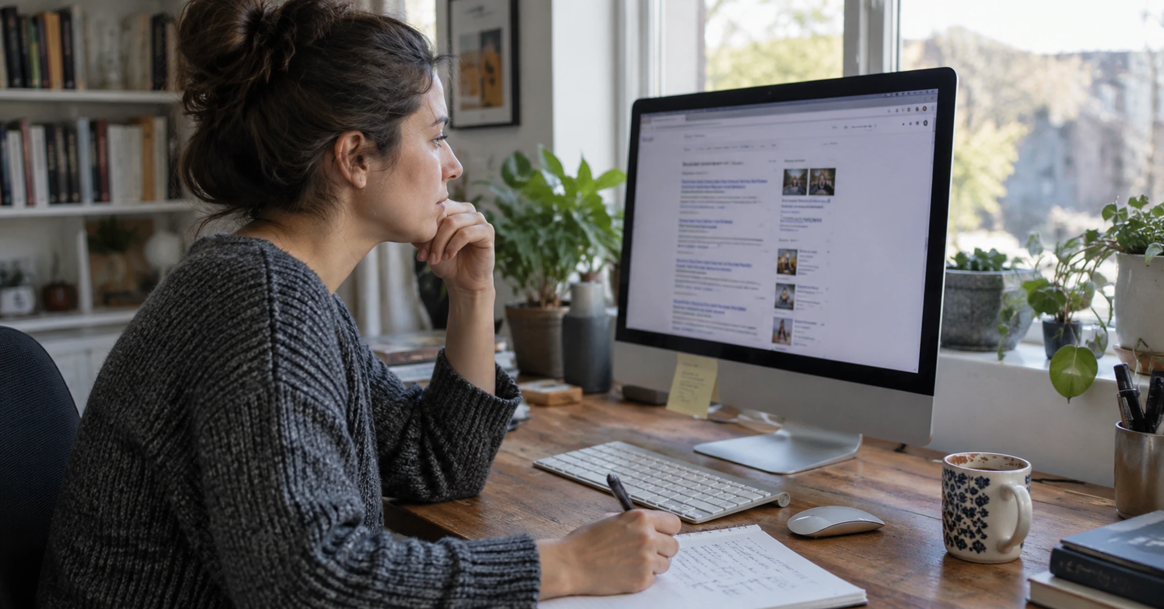 A researcher checking online information beside handwritten search questions