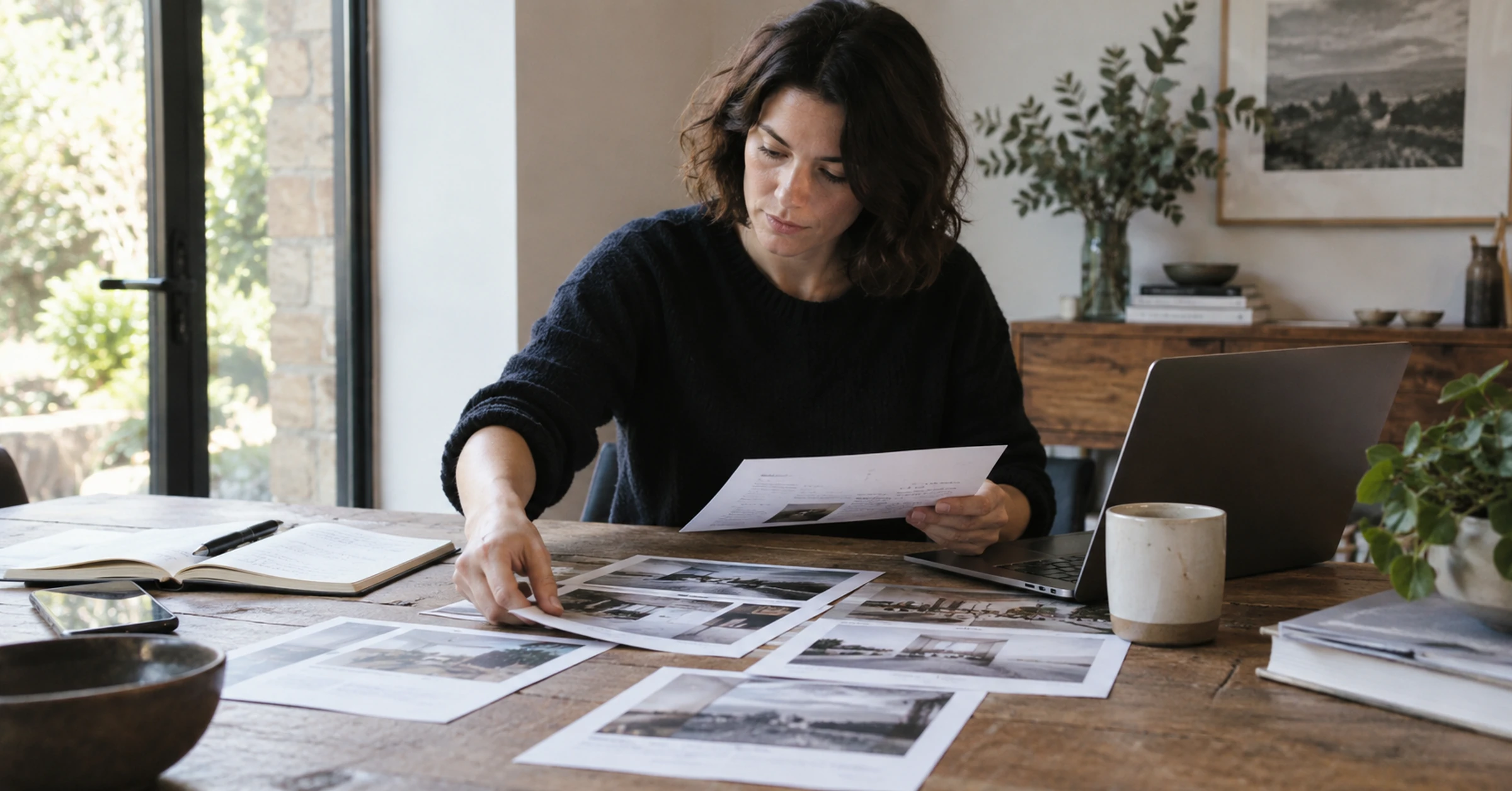 A founder arranging website examples and notes for a project brief